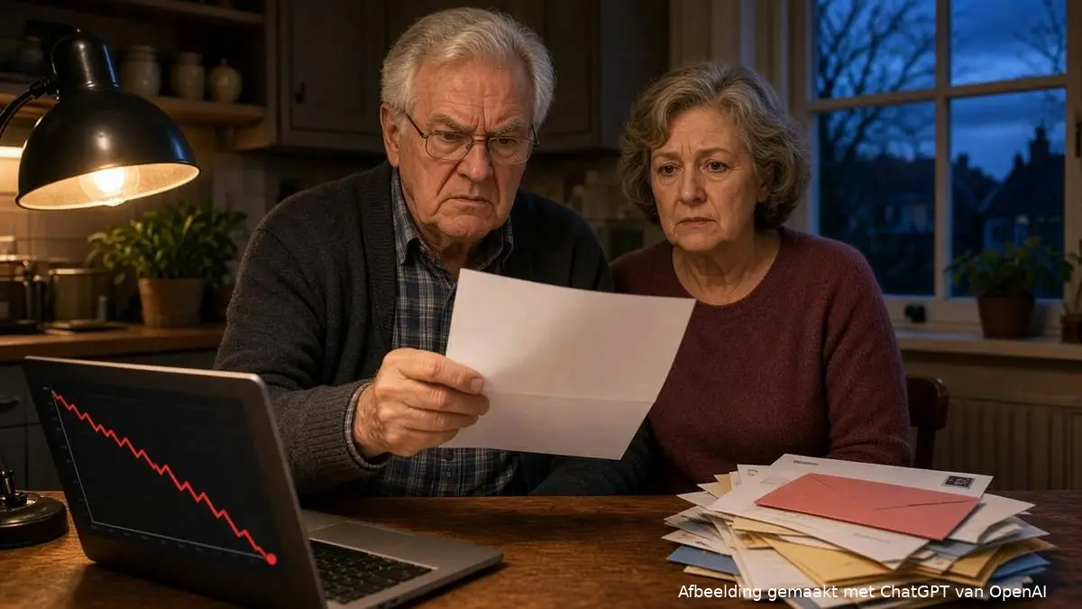 Gepensioneerd stel aan de keukentafel, de man leest boos een brief, naast een laptop met dalende rode lijn en stapel post