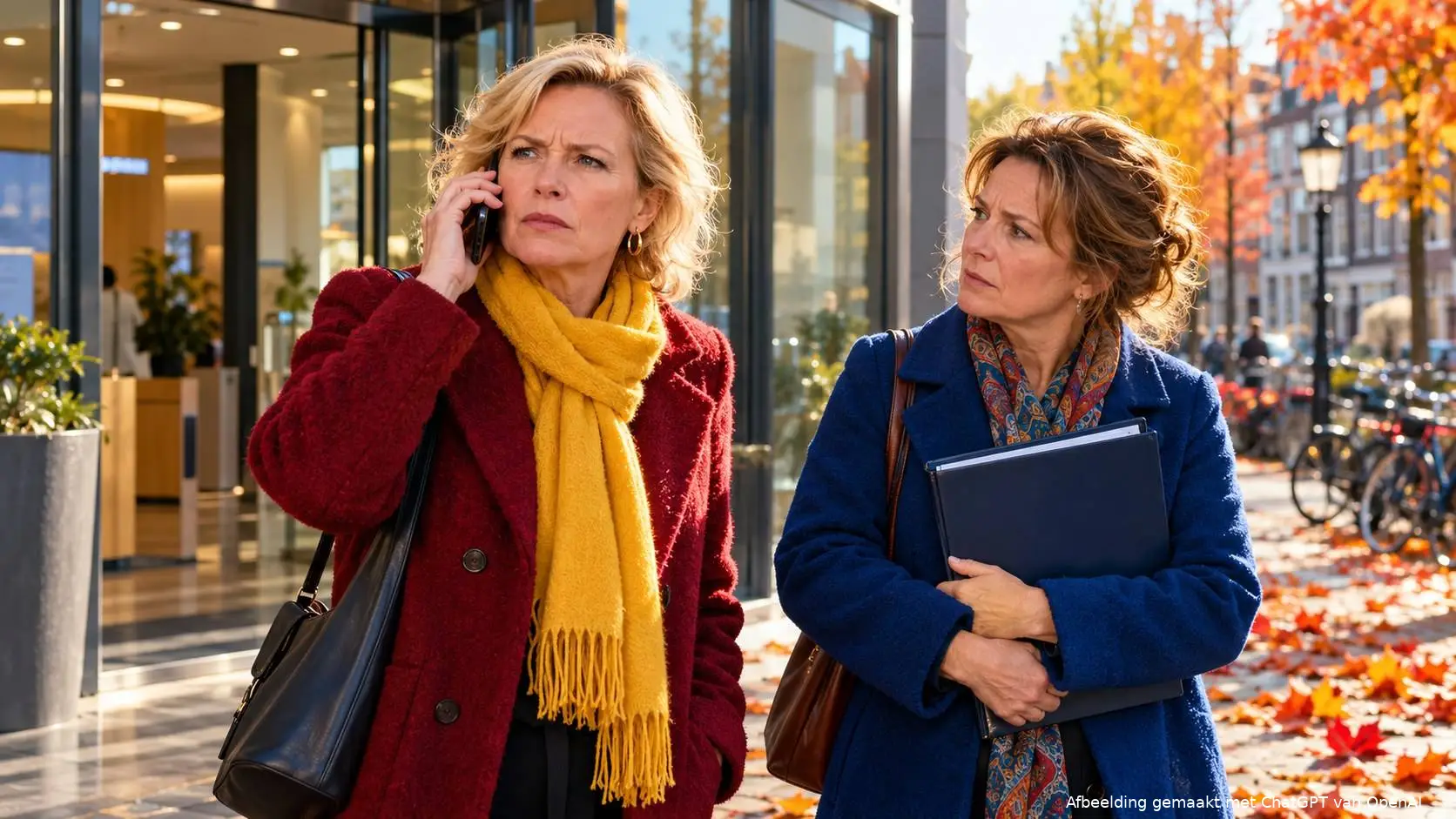 Twee vrouwen voor de ingang van een bankkantoor, een van hen belt met een geërgerd gezicht