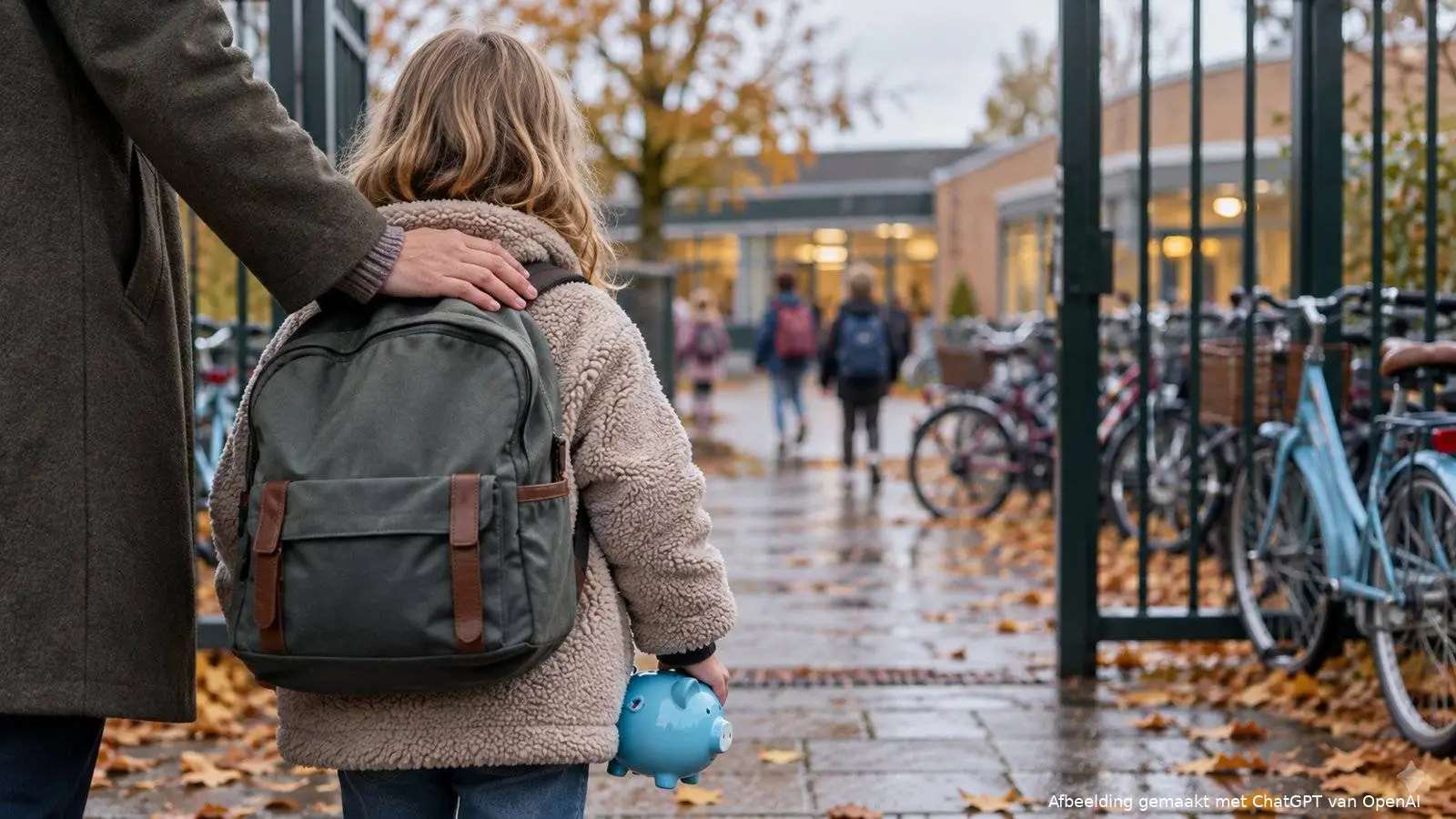 Kind met rugzak en blauwe spaarpot bij het schoolhek, met de hand van een ouder op de schouder