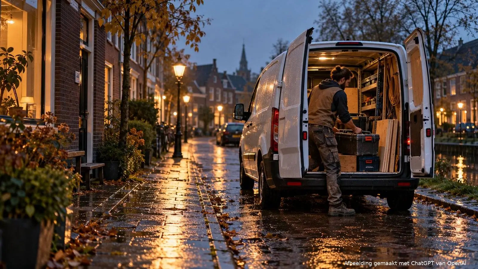 Zelfstandige timmerman laadt bij schemering gereedschap in een witte bus in een woonstraat