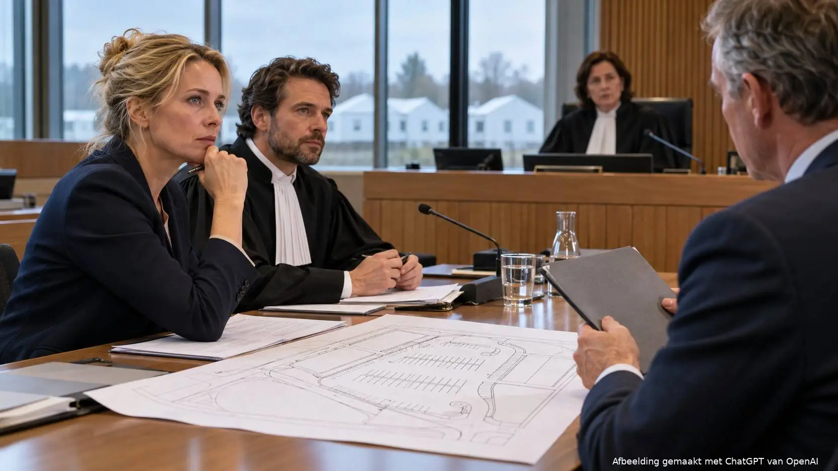 Blonde vrouw in blazer en advocaat in toga kijken naar een rechter, tegenover hen een man in pak met een map