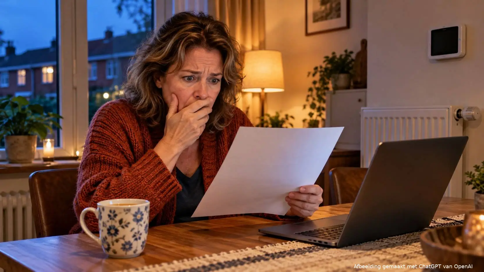 Vrouw aan de keukentafel kijkt geschrokken naar een energierekening, naast haar een laptop en een mok thee