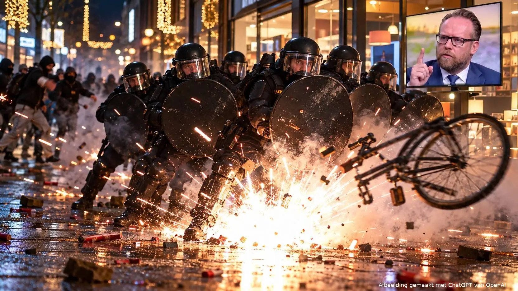ME-agenten met schilden in een winkelcentrum bij een vuurwerkflits, op een scherm in de etalage preekt een man in pak