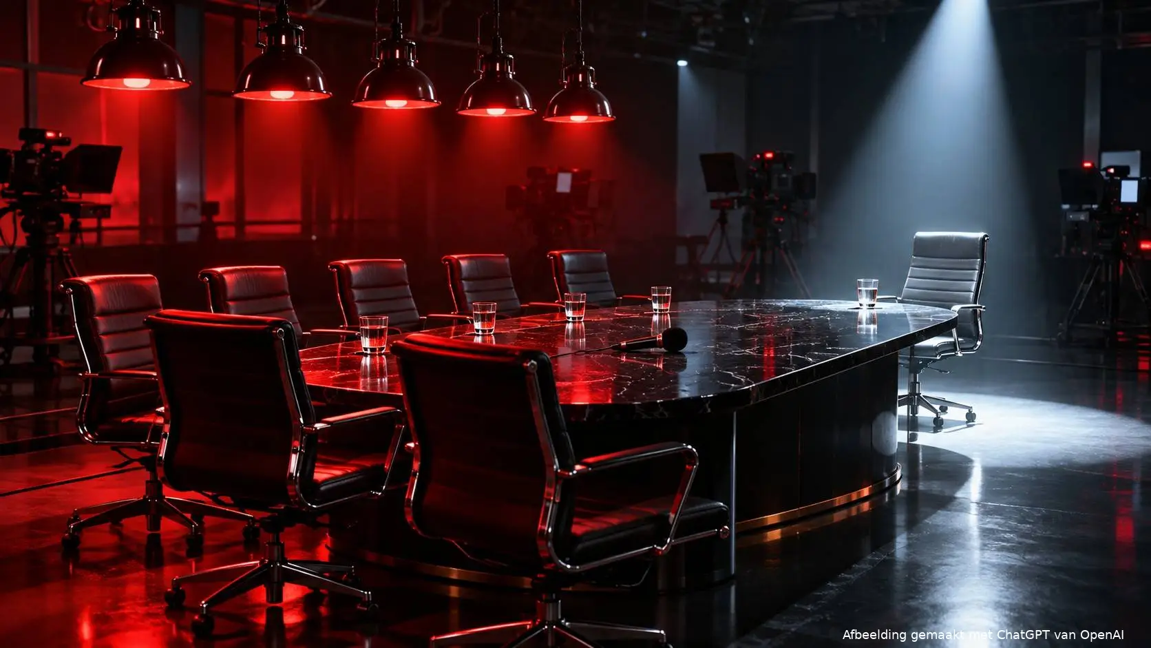 Lege talkshowtafel waarvan alle stoelen naar één stoel onder een schijnwerper zijn gedraaid: Renze en de tafel tegen Douwe Filz