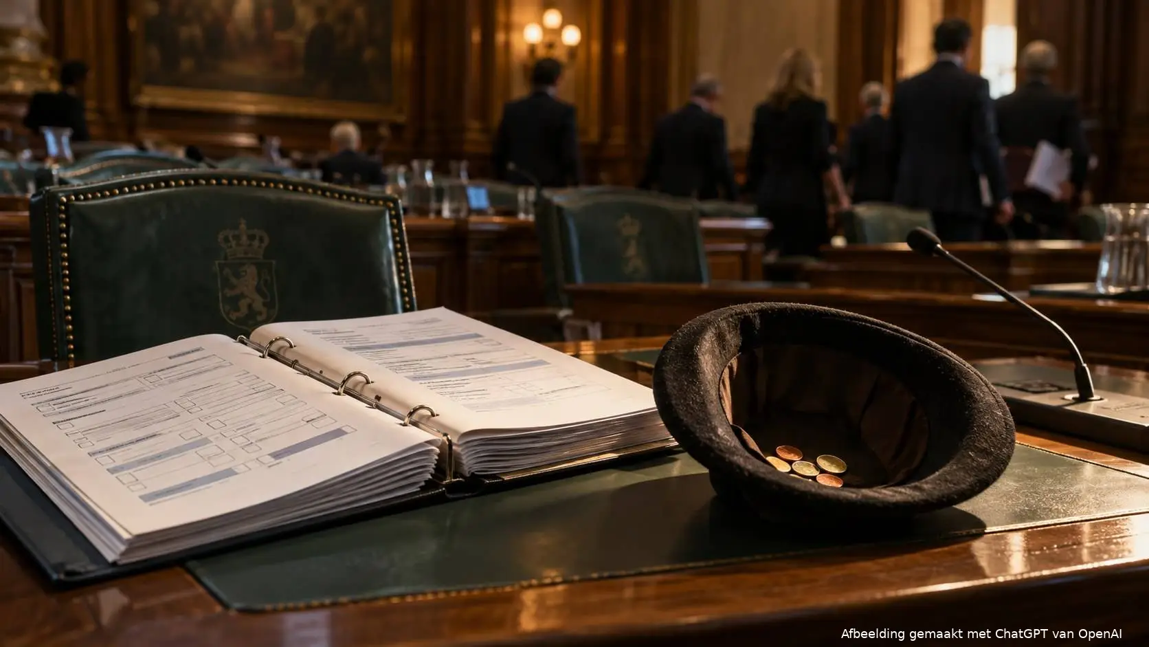 Omgekeerde hoed met munten op een spreekplek in een Haagse vergaderzaal: het kabinet bedelt om steun voor het Belastingplan 2027