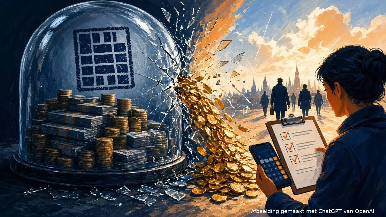Illustratie: een glazen stolp met geld barst open; munten stromen naar iemand met checklist en calculator. Symbolisch voor te veel betaalde box 3-belasting terugvragen.