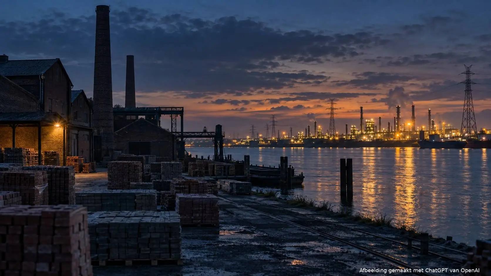 Donkere Nederlandse steenfabriek aan de rivier met verlichte fabrieken aan de Duitse overkant: netcongestie jaagt investeringen weg