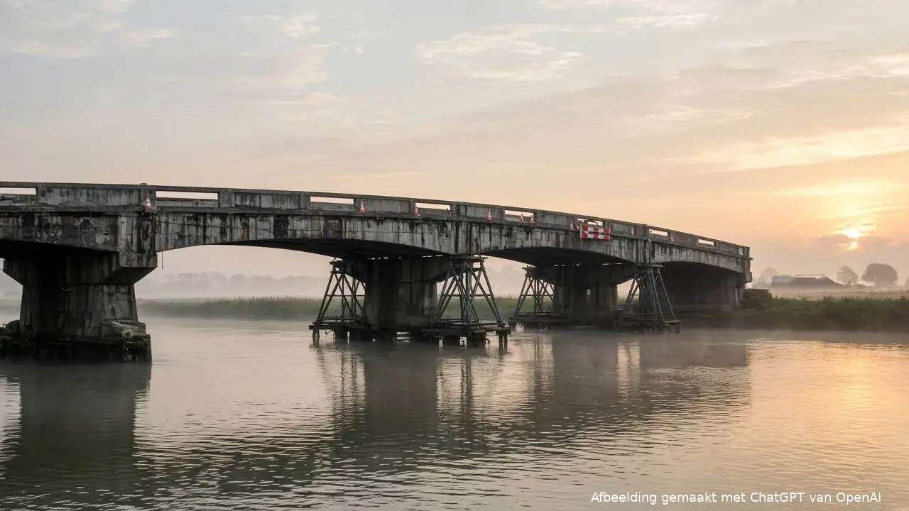 Oude betonnen brug over een rivier onder een grijze lucht: kabinet plakt een noodverband op de Nederlandse infrastructuur
