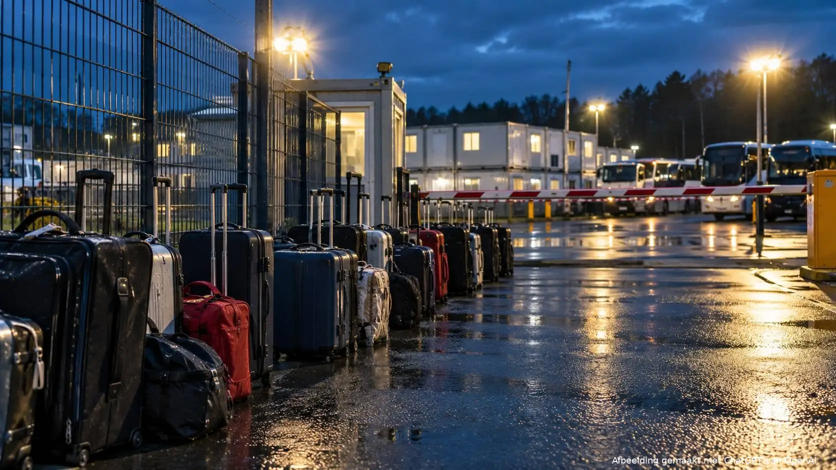 Rij koffers voor de gesloten slagboom van een aanmeldcentrum: de asielinstroom in week 41 bedroeg ongeveer 910