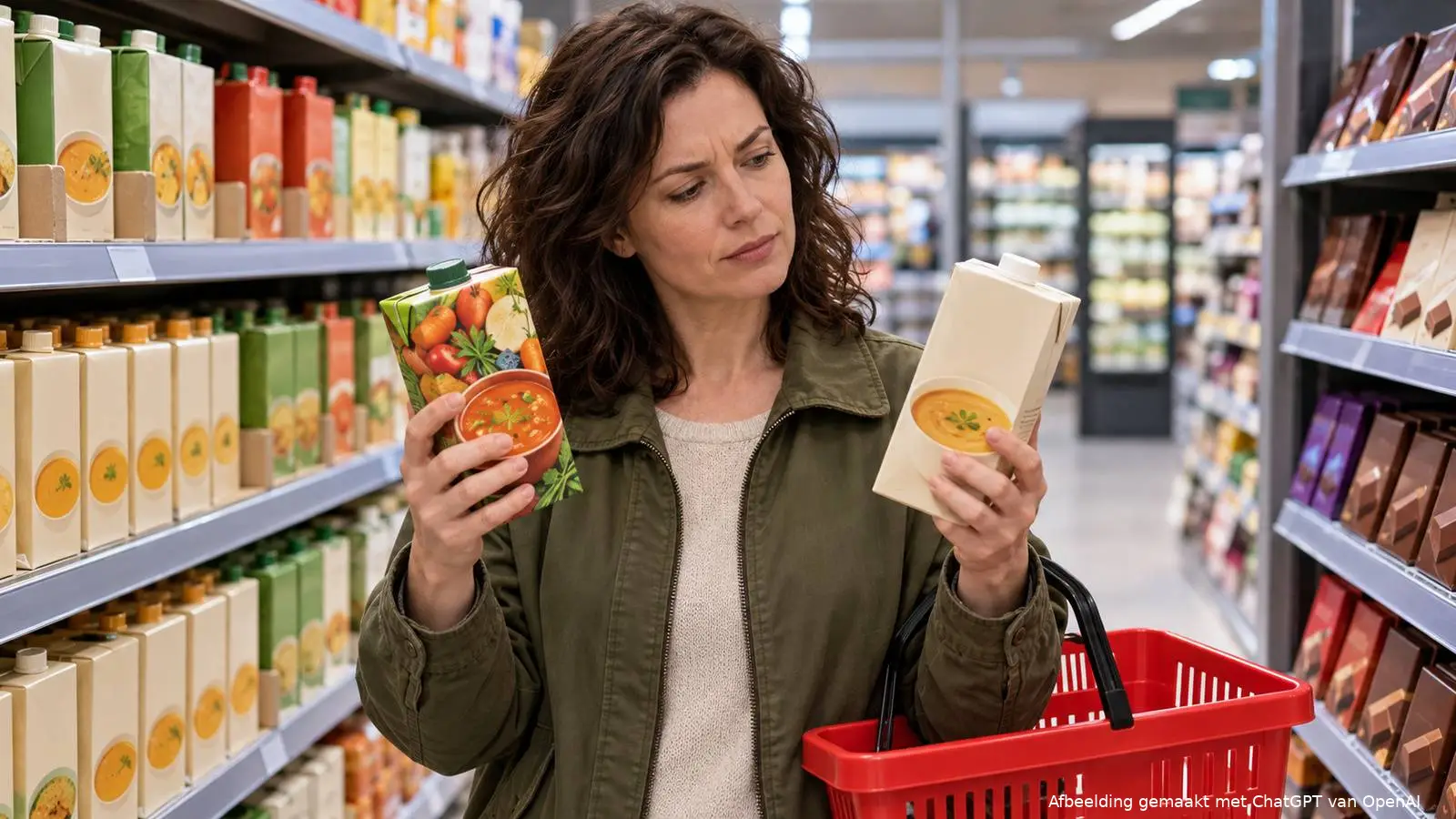 Vrouw in een supermarktgang vergelijkt een merkproduct met een goedkoper huismerkproduct, met een winkelmandje aan haar arm.
