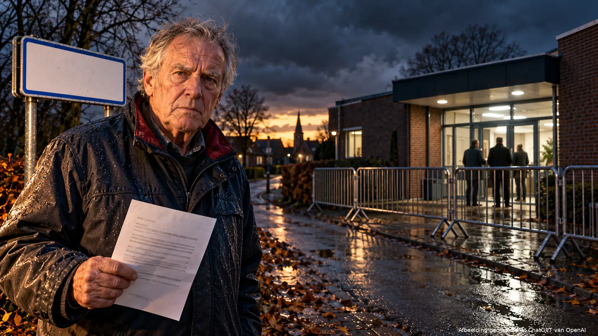 Oudere inwoner met een gemeentebrief op een natte dorpsweg, voor een dorpshuis waarvan de ingang met dranghekken is afgeschermd.