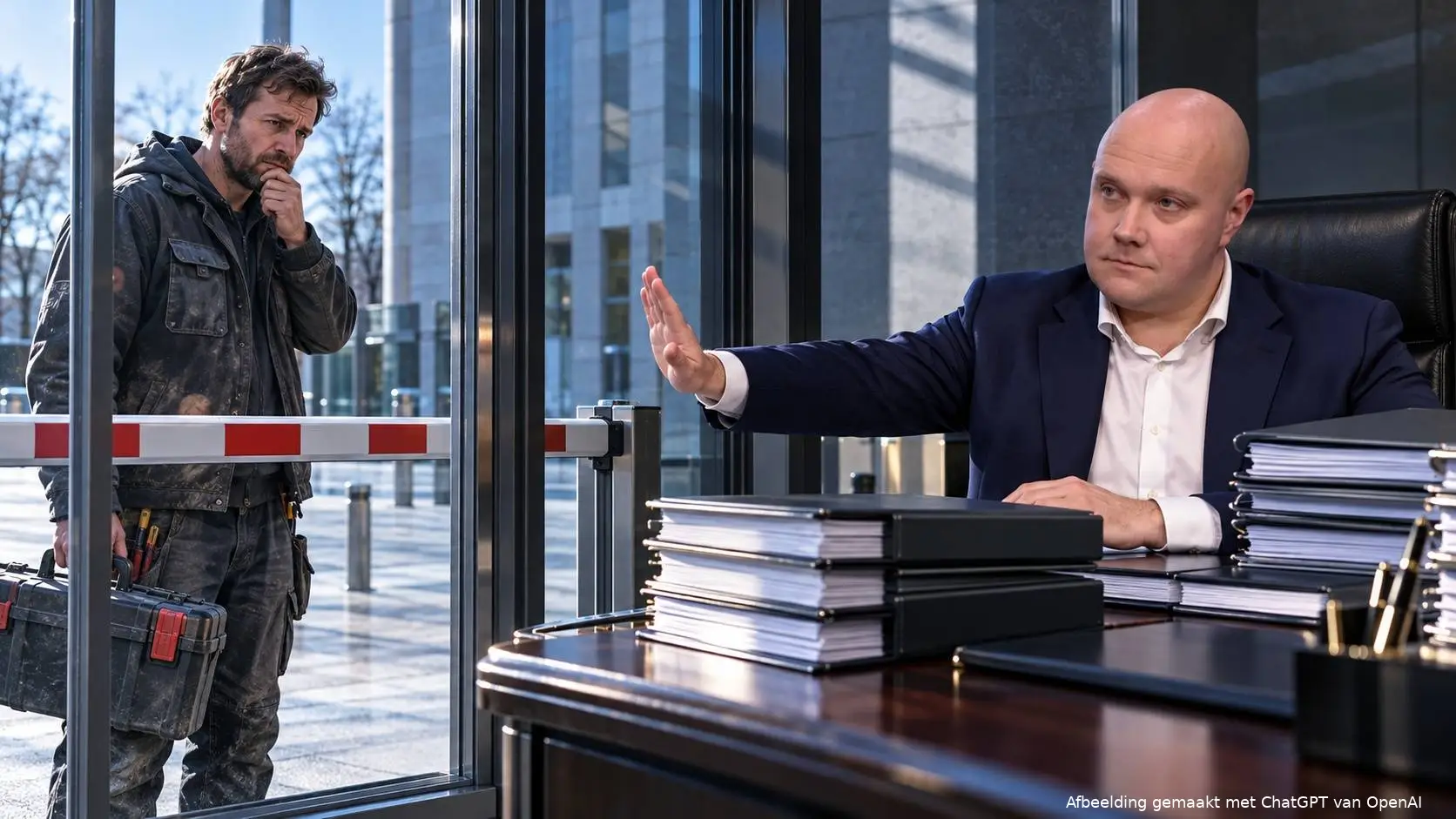 AI-Illustratie van Thierry Aartsen bij een ministerieel bureau en een zelfstandige vakman voor een gesloten deur.