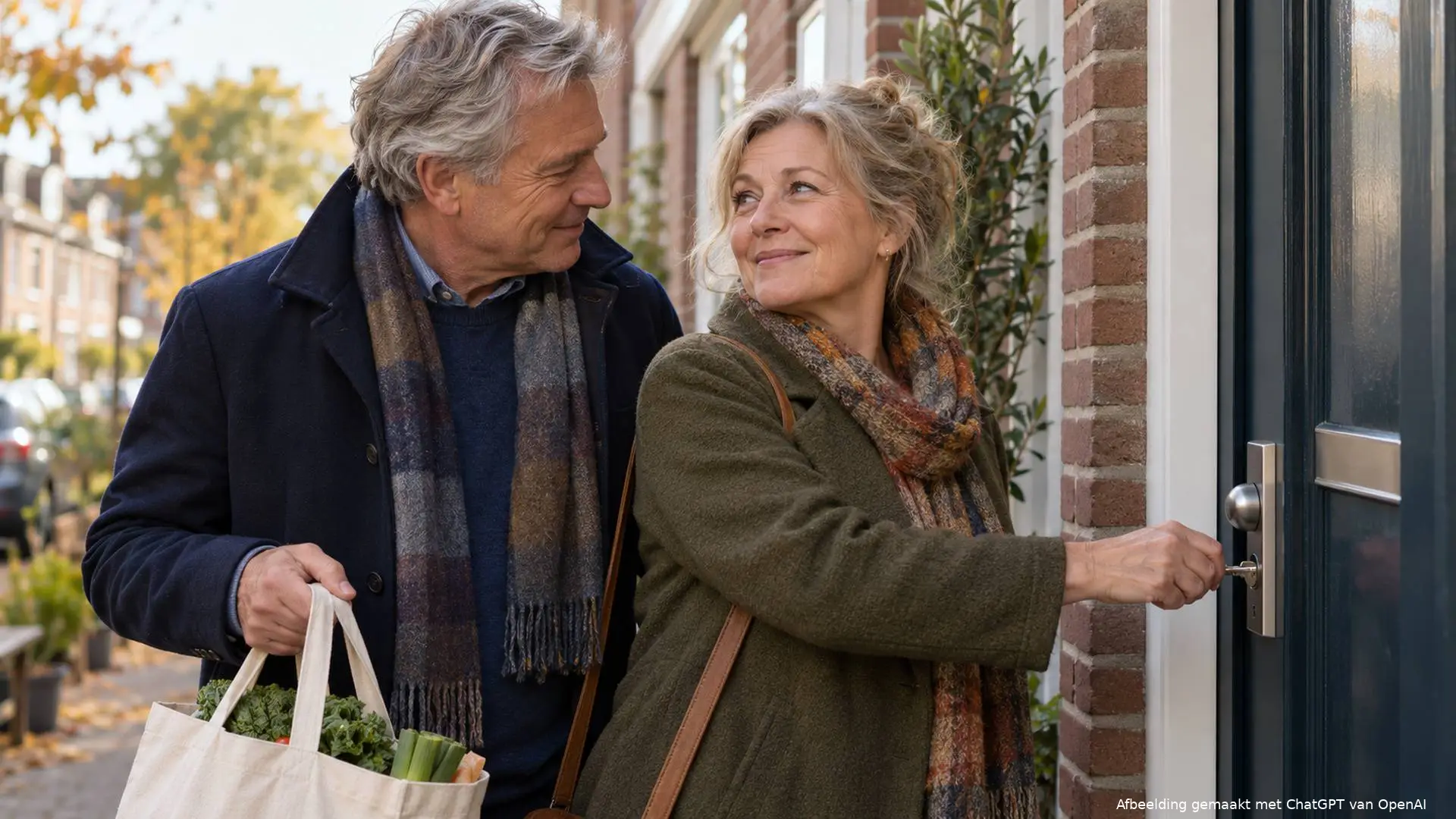Een stel opent samen de voordeur van een rijtjeswoning.