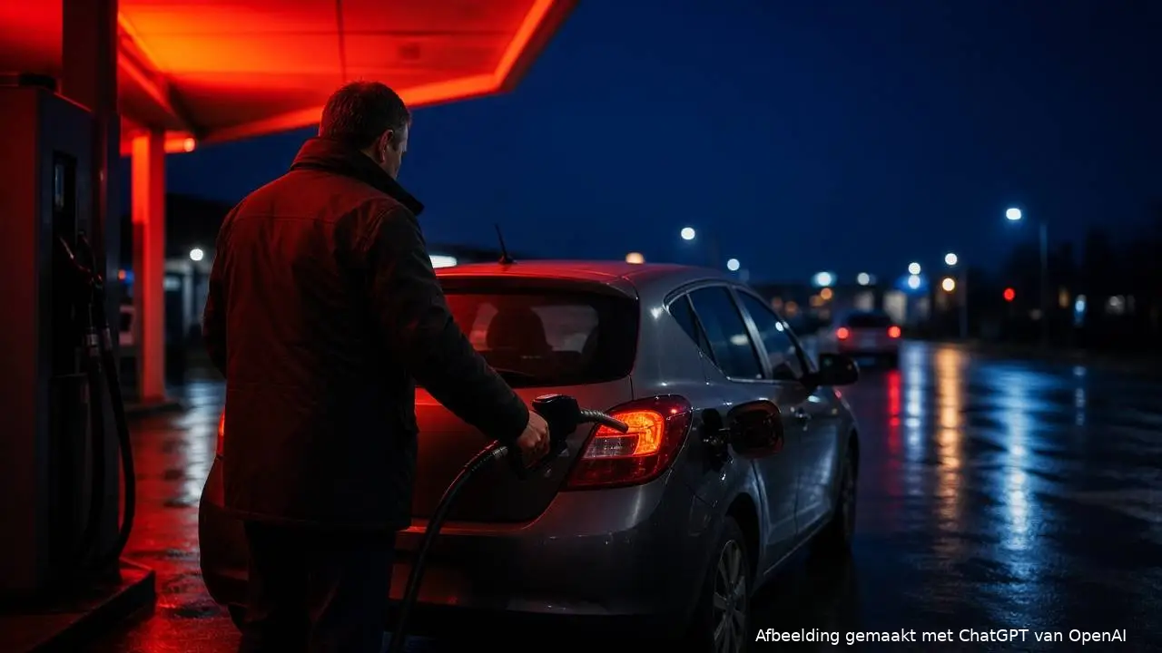 Man in winterjas tankt 's avonds een grijze auto onder een rood verlichte overkapping, met nat asfalt en straatlantaarns op de achtergrond.
