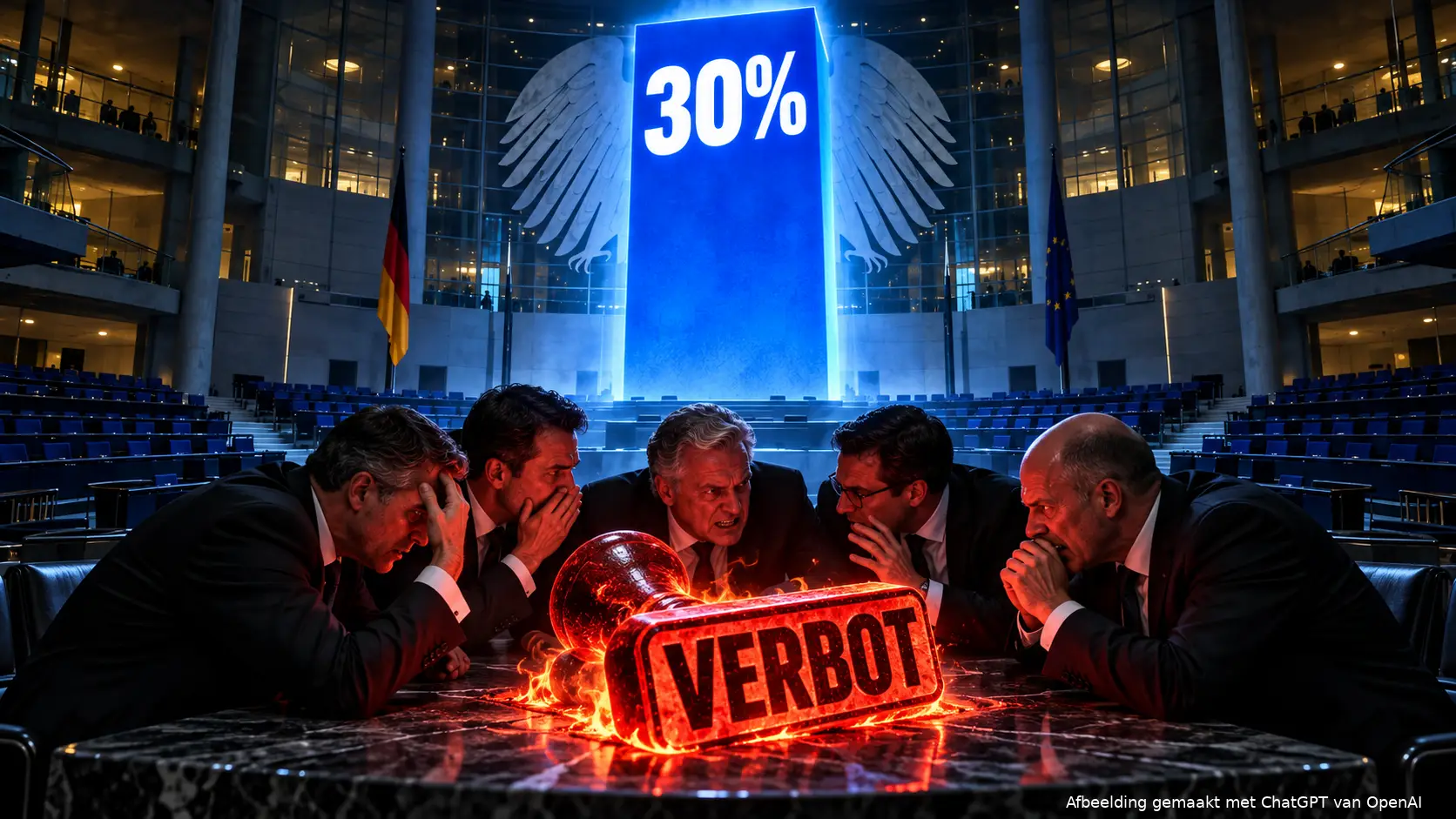 Symbolische illustratie van gespannen politici rond een brandende ‘VERBOT’-stempel in de Bondsdag, onder een reusachtige blauwe kolom met ‘30%’.