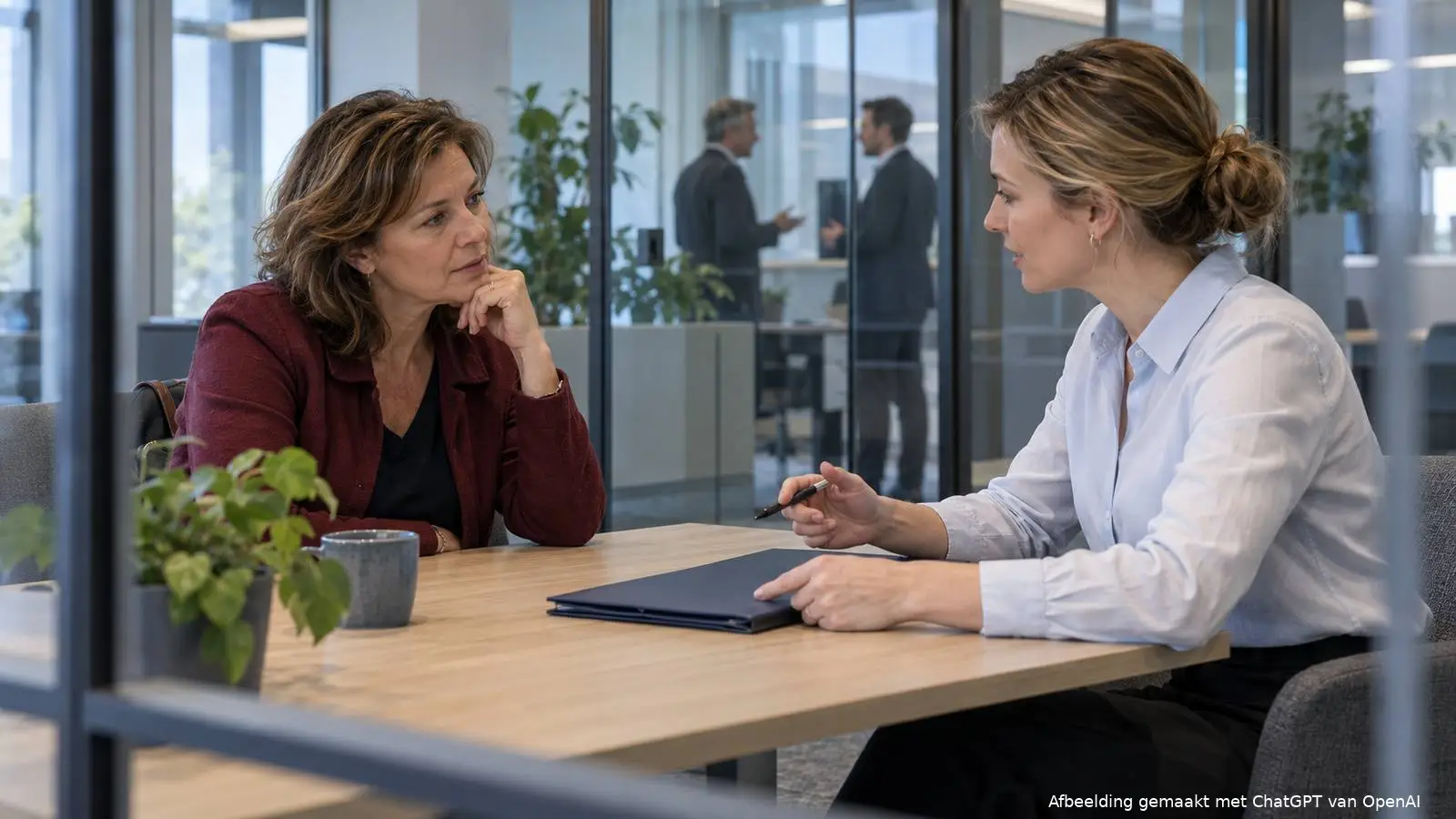 Vrouw bespreekt een map met een financieel adviseur, met twee zakenmensen achter een glazen wand op de achtergrond.