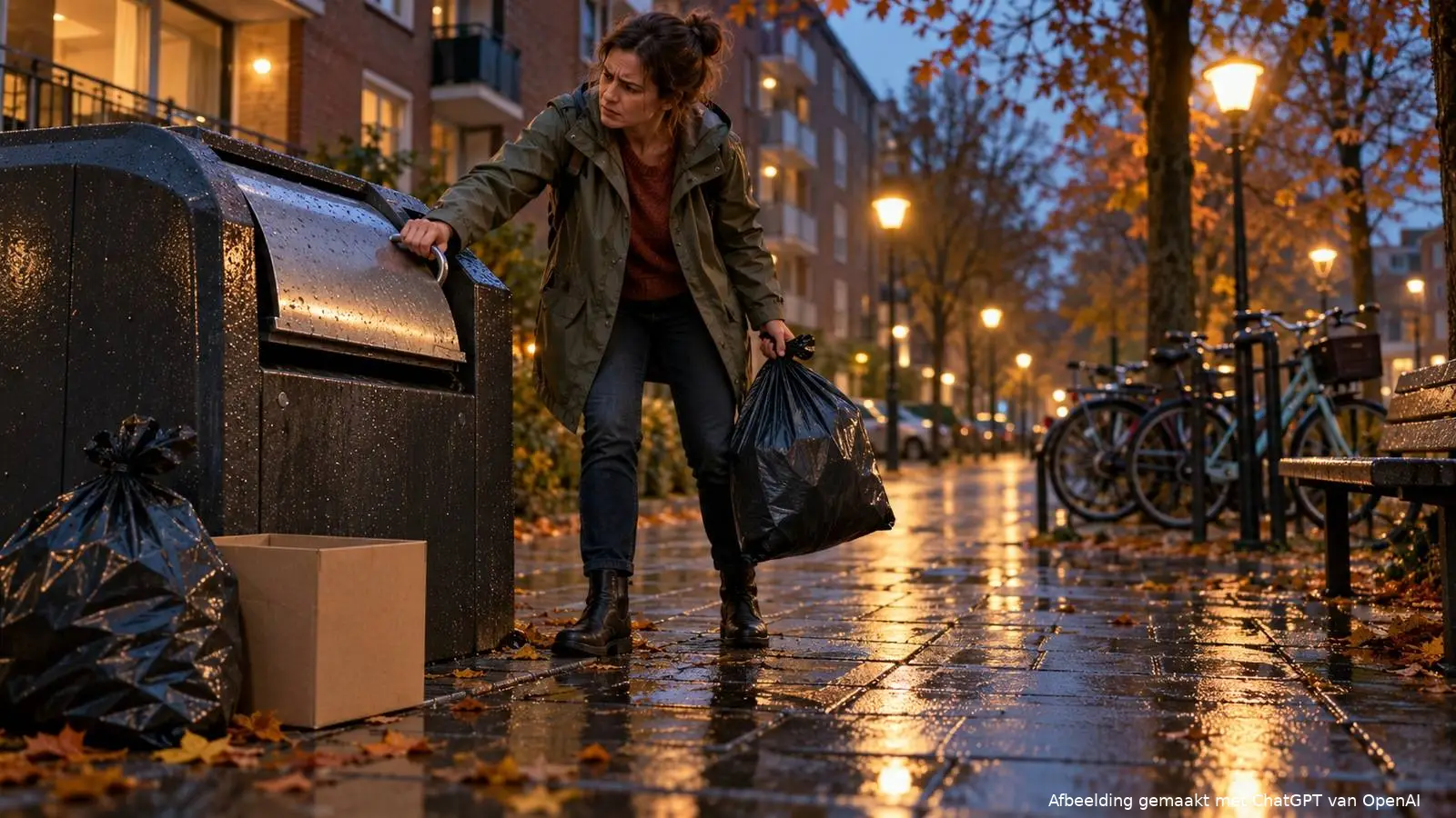 Vrouw met een vuilniszak probeert de klep van een afvalcontainer in een woonstraat te openen.