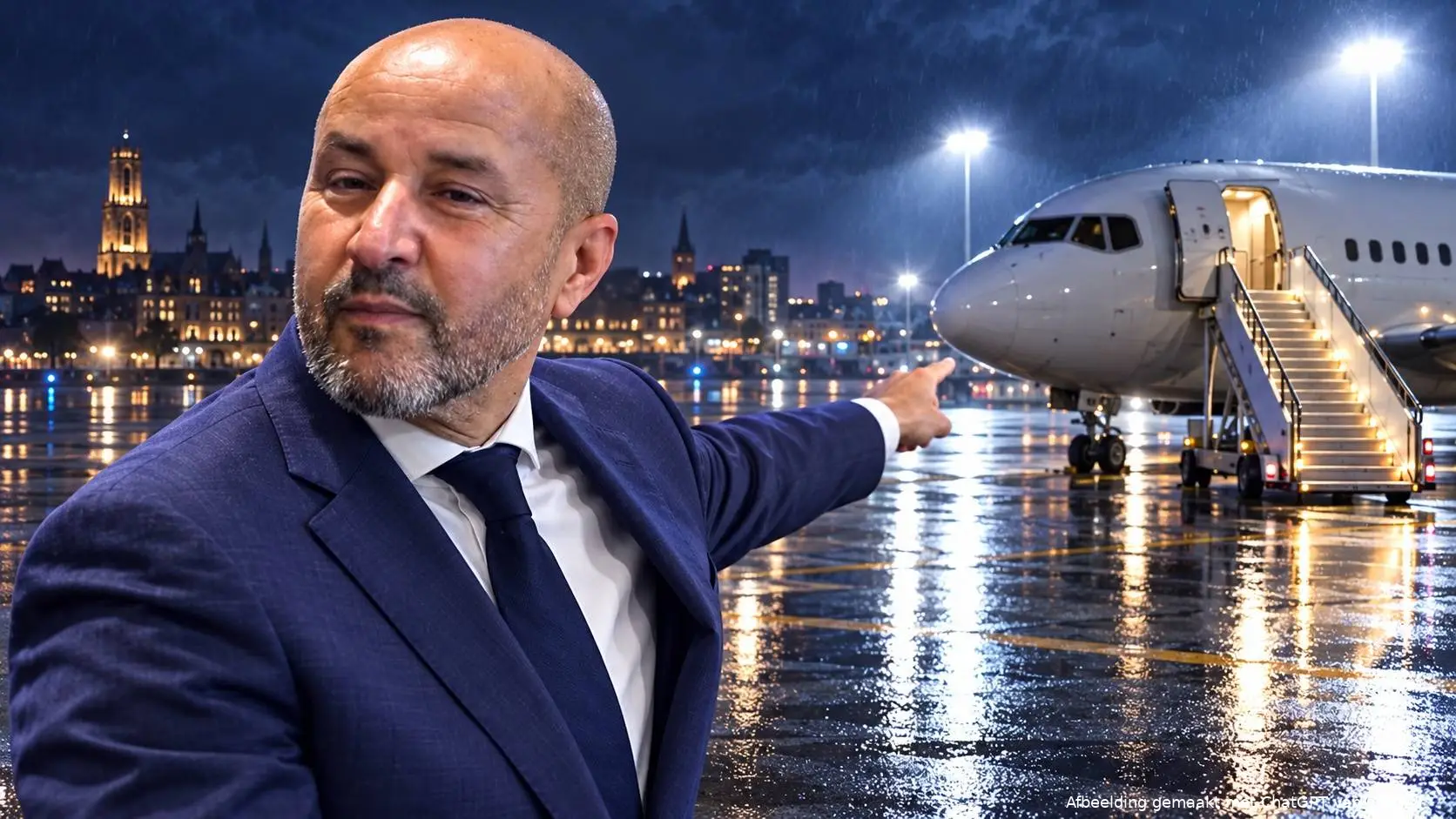 AI-illustratie van Ahmed Marcouch die op een nat vliegveldplatform naar een passagiersvliegtuig met een lege vliegtuigtrap wijst.