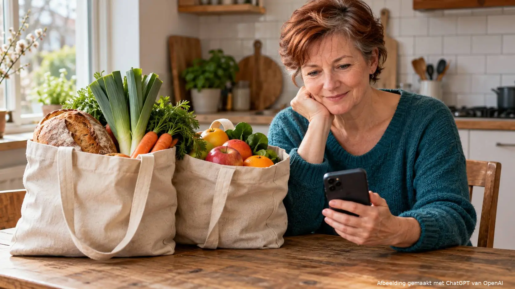 Vrouw bekijkt haar telefoon aan de keukentafel, naast twee volle boodschappentassen met brood, groente en fruit.