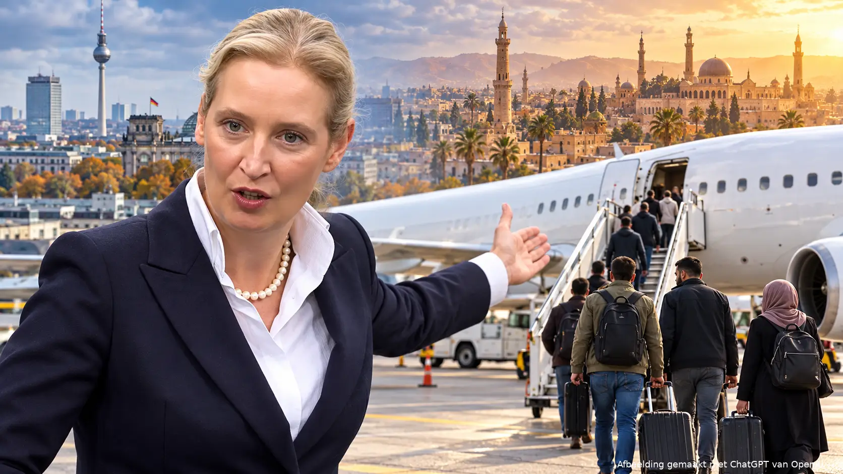 Politieke illustratie van Alice Weidel bij een vliegtuig met vertrekkende reizigers, met Berlijn en Damascus op de achtergrond.