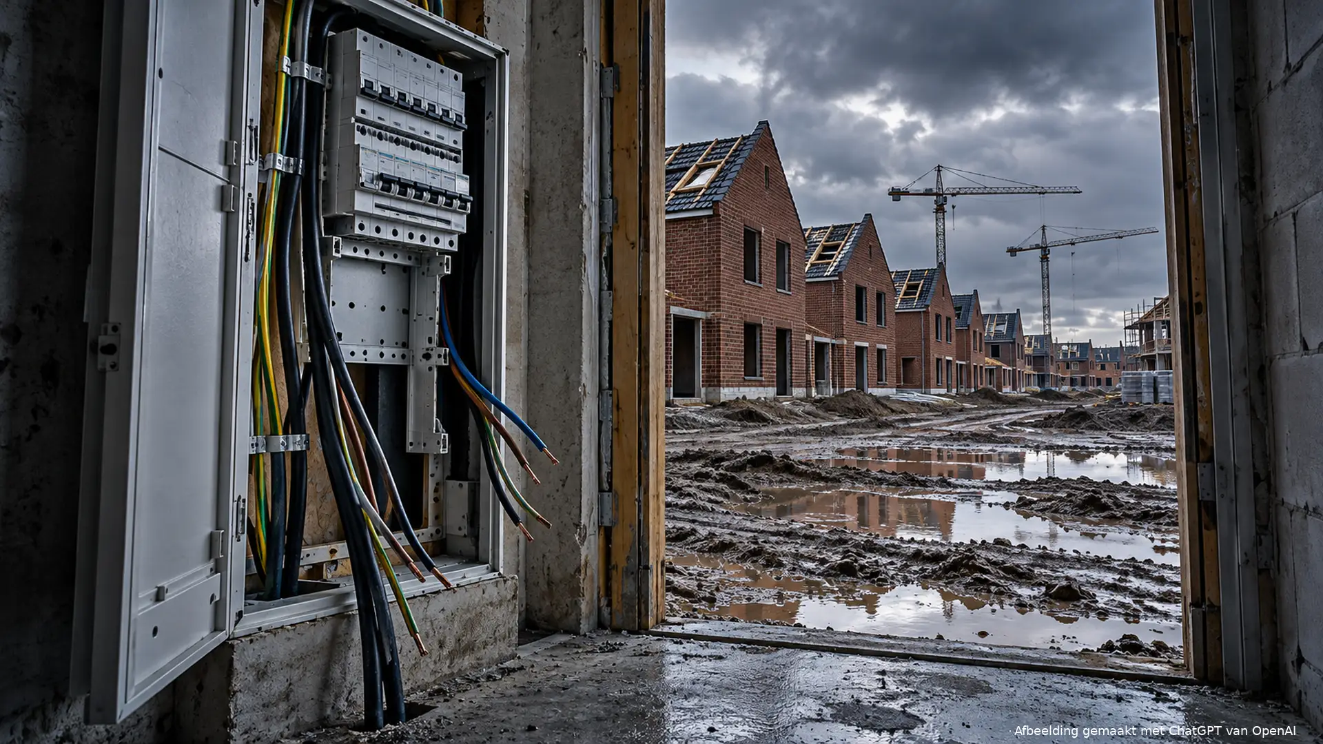 Een open meterkast met niet-aangesloten kabels in een nieuwbouwwijk in aanbouw.