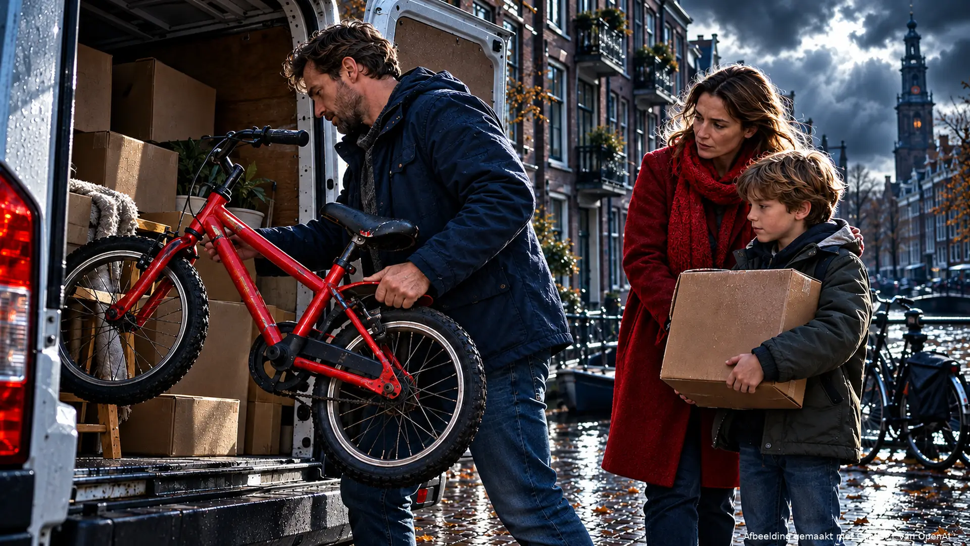 Een vader laadt een kinderfiets in een verhuisbus in Amsterdam, terwijl moeder en kind met een verhuisdoos wachten.