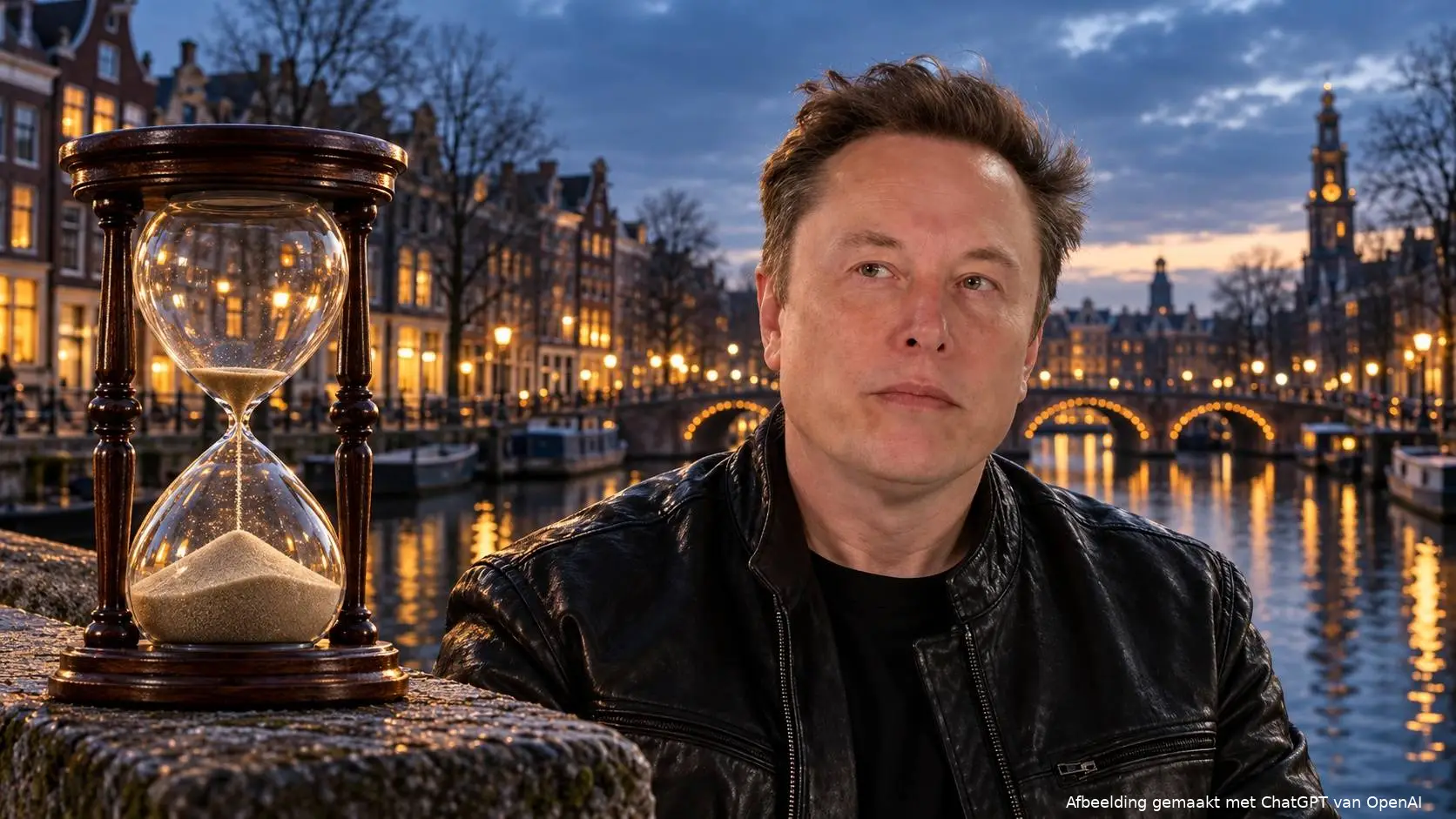 Symbolische illustratie van Elon Musk bij een Amsterdamse gracht in de schemering, met een bijna doorgelopen zandloper op de brugleuning.