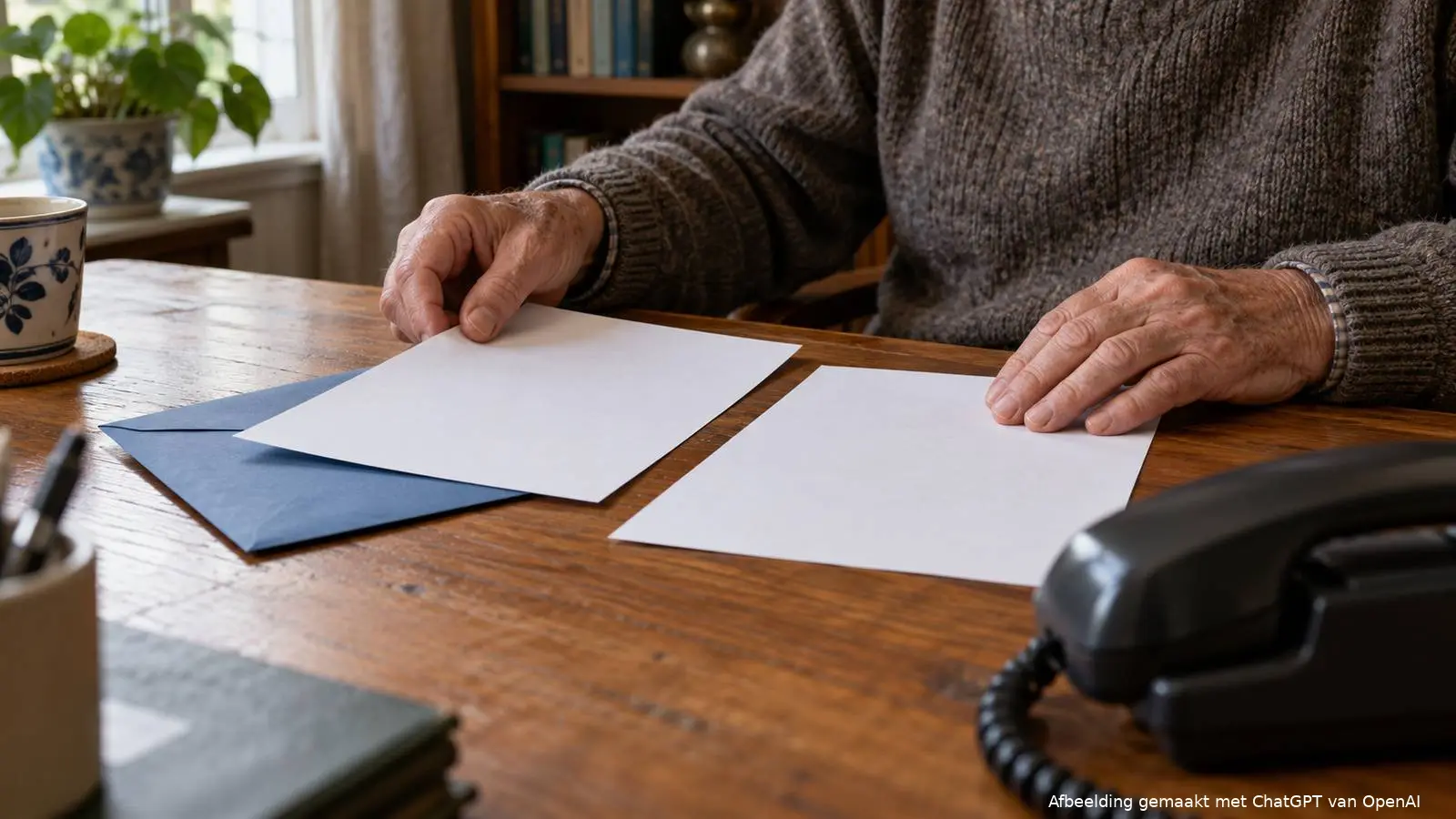 Handen van een oudere man leggen twee papieren naast elkaar op een bureau met een blauwe envelop en een vaste telefoon.