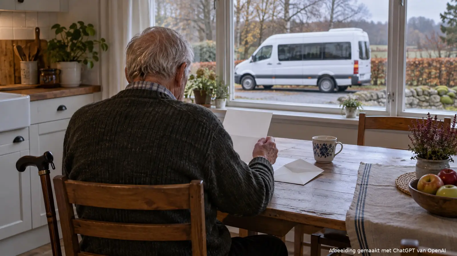 Oudere man van achteren aan een keukentafel met een geopende brief en een wandelstok, voor het raam een wit busje