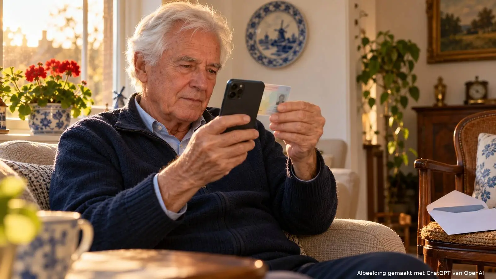Oudere man houdt zijn identiteitskaart tegen zijn telefoon in een lichte woonkamer met een Delfts blauw bord