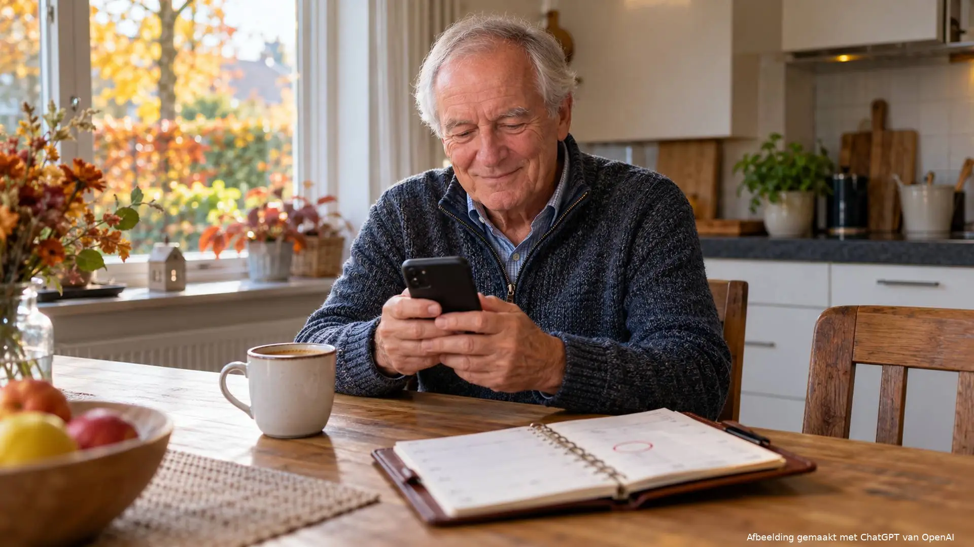 Oudere man aan de keukentafel kijkt op zijn telefoon, naast een agenda met een omcirkelde datum.
