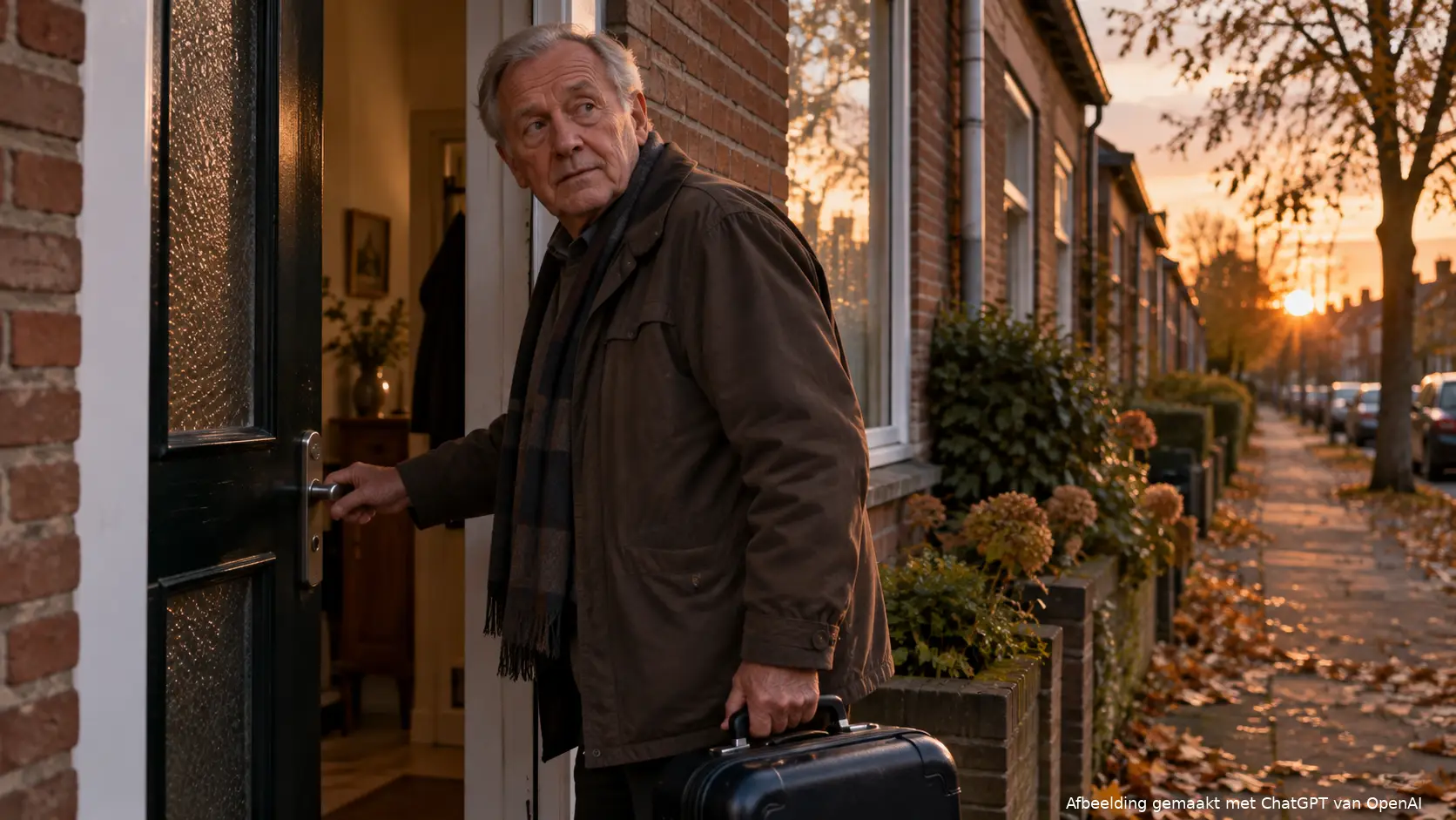 Oudere man sluit de voordeur van zijn huis af met een reiskoffer naast zich, op weg om te overwinteren
