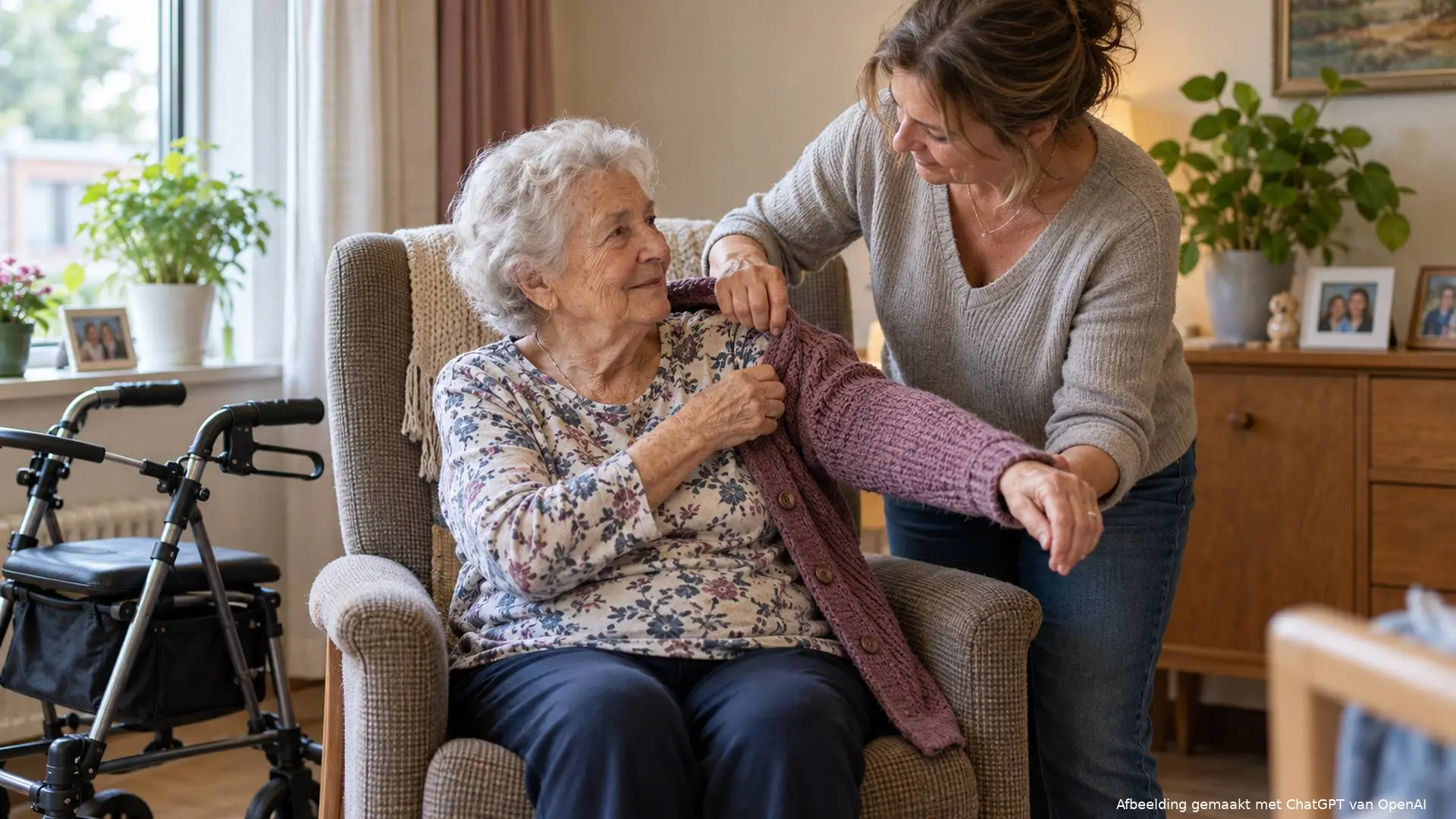 Dochter helpt haar oudere moeder een vest aan te trekken in een kamer van een woonzorgcentrum, naast een rollator.