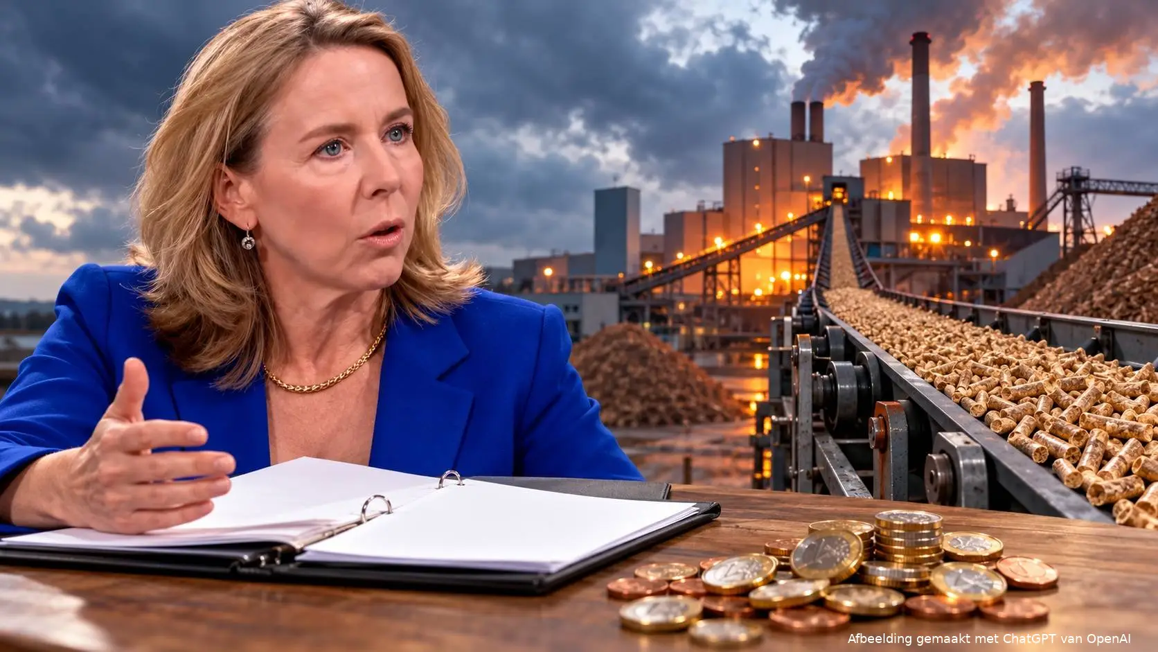 AI-Illustratie van Stientje van Veldhoven naast een transportband met houtpellets en euromunten, bij vragen over biomassasteun.