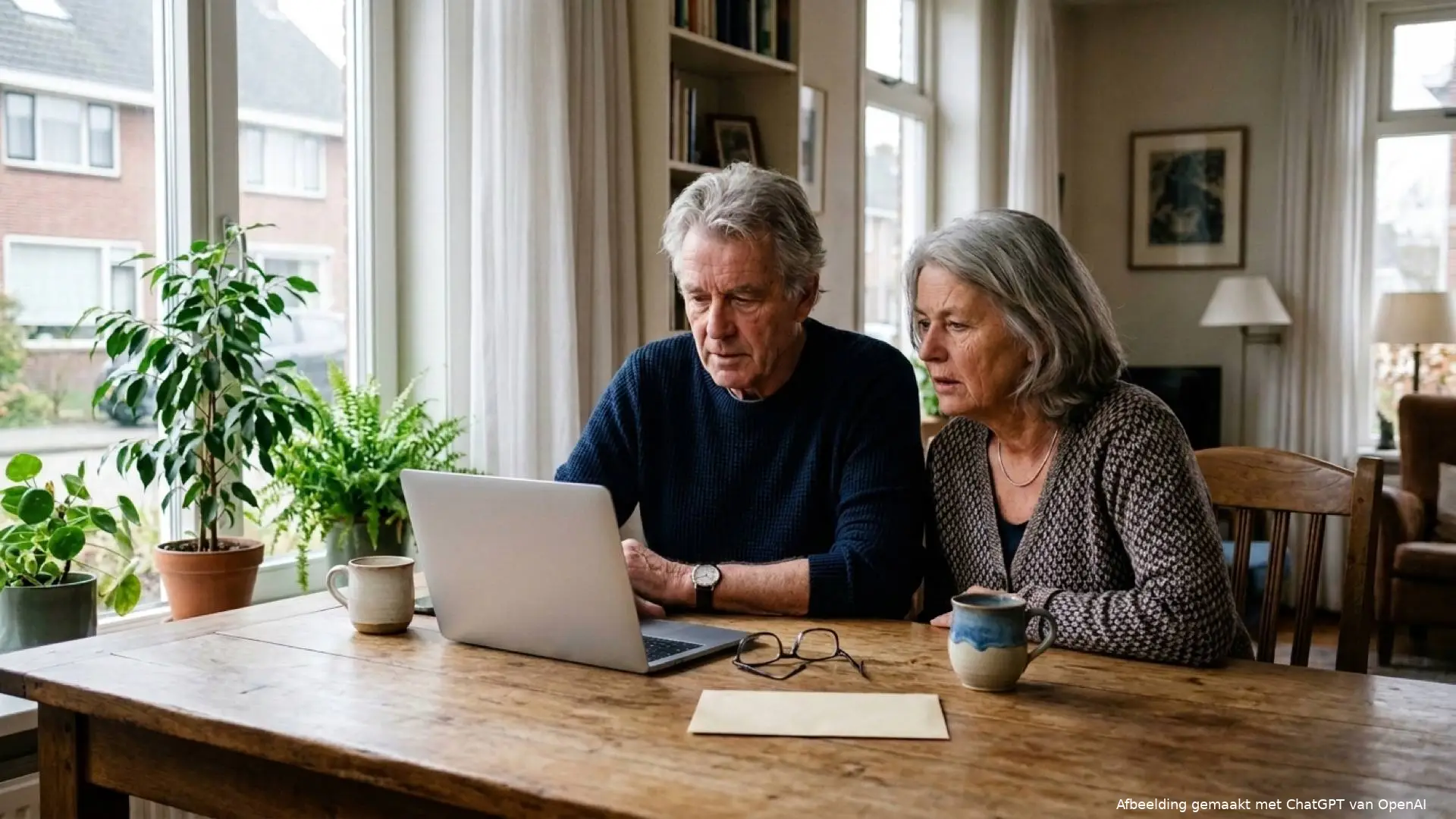 Ouder echtpaar kijkt op een laptop aan een houten eettafel met een dichte envelop, een leesbril en twee mokken.