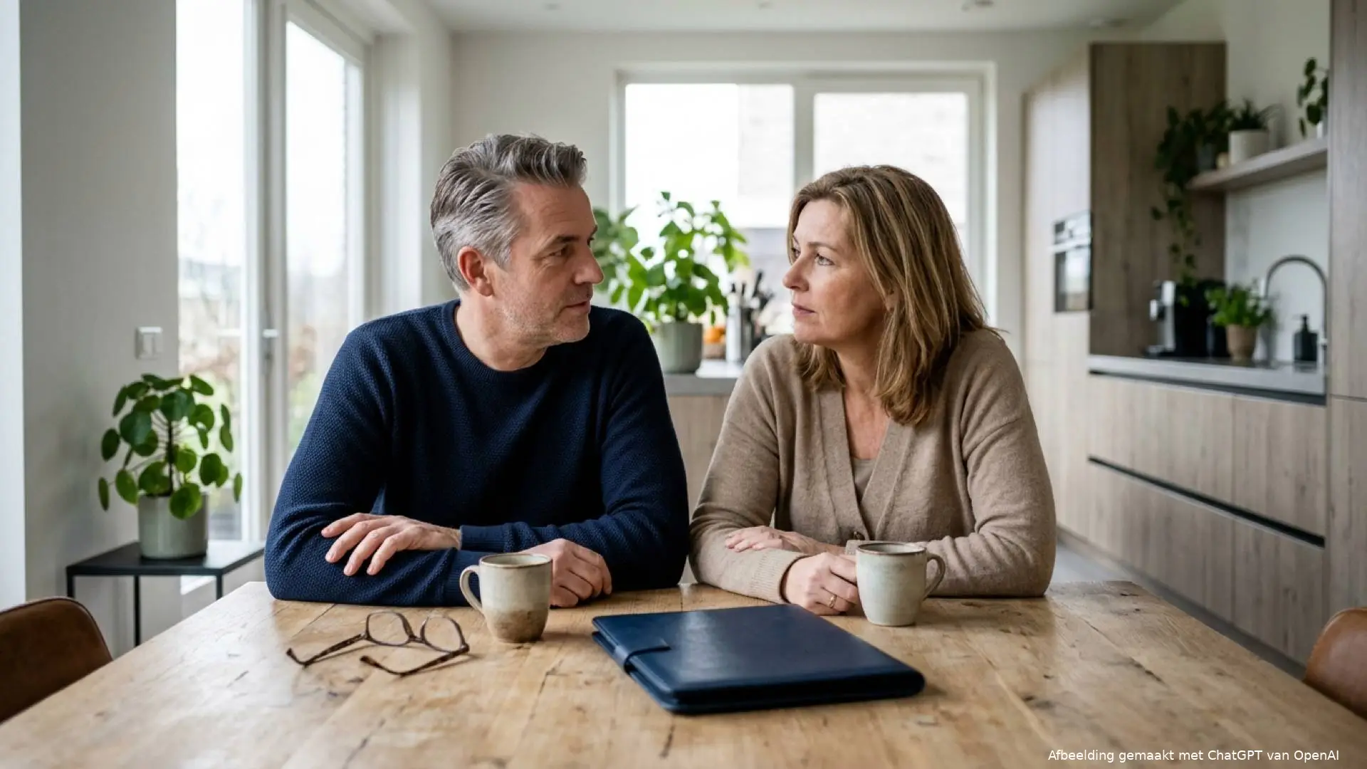 Nederlands stel van begin vijftig zit in gesprek aan de houten eettafel met twee koffiemokken en een blauwe map