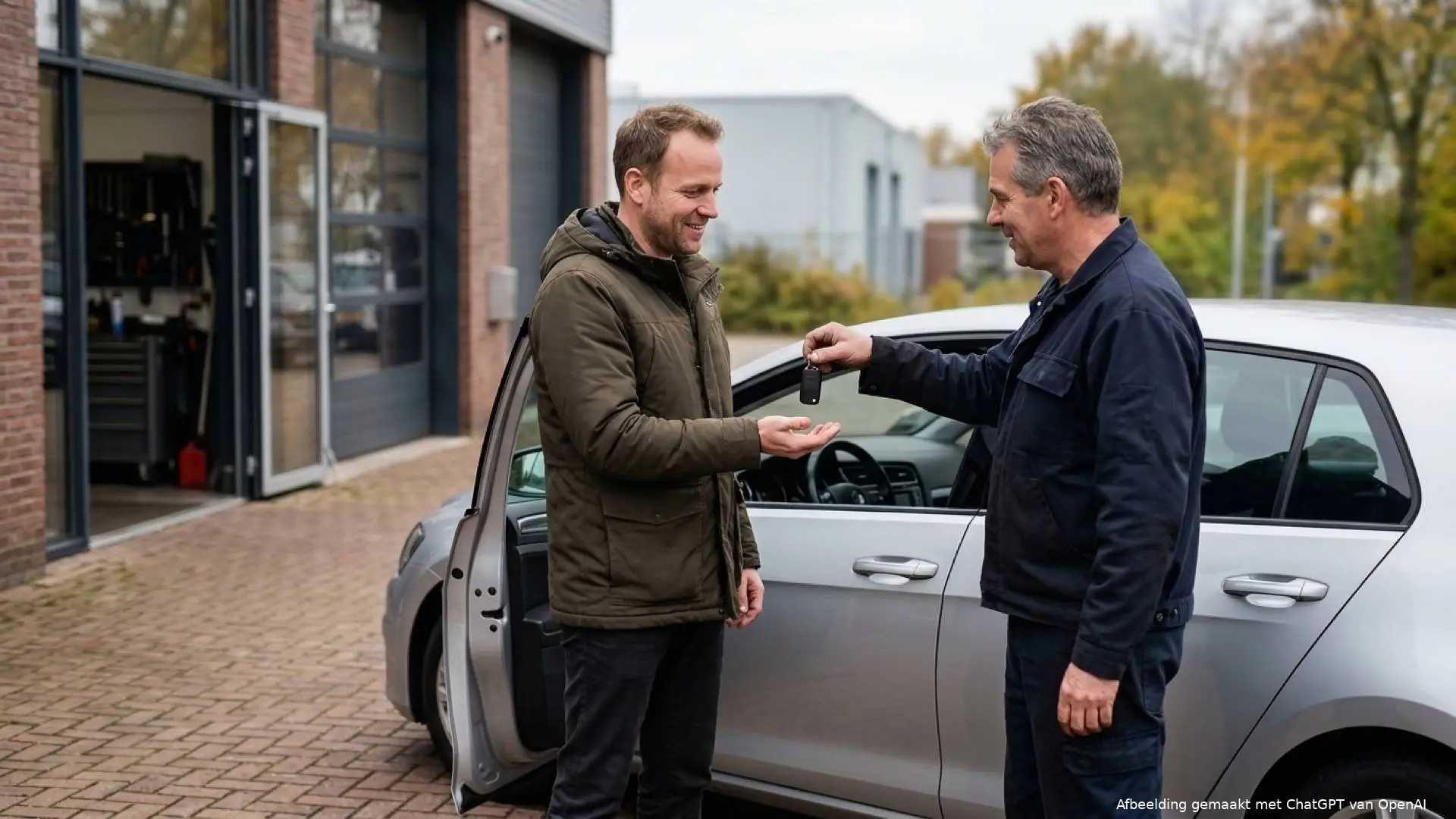 Nederlandse man in een donkergroene jas krijgt op het terrein van een garage een autosleutel van een automonteur