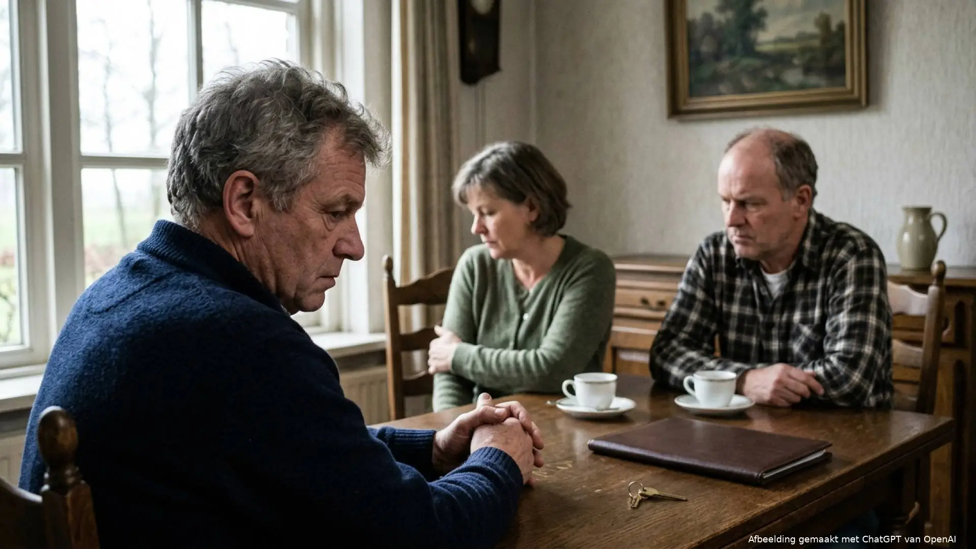Man met gevouwen handen kijkt bedrukt voor zich uit aan een houten tafel tegenover een man en vrouw met een leren map.