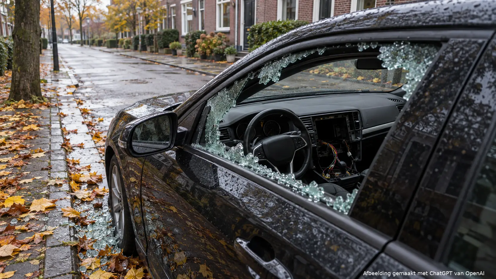 Donkere auto met ingeslagen zijruit en leeg dashboard in een woonstraat, met glasscherven en herfstbladeren op de stoeprand