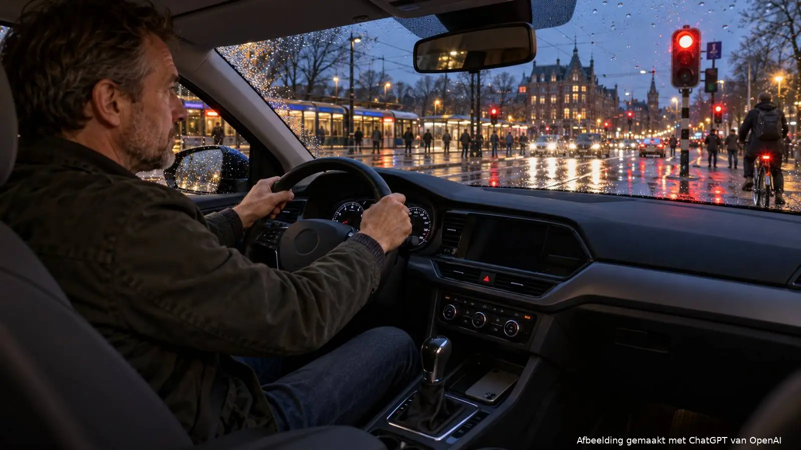 Man achter het stuur wacht voor een rood verkeerslicht in de stad, zijn telefoon ligt omgekeerd naast de versnellingspook.