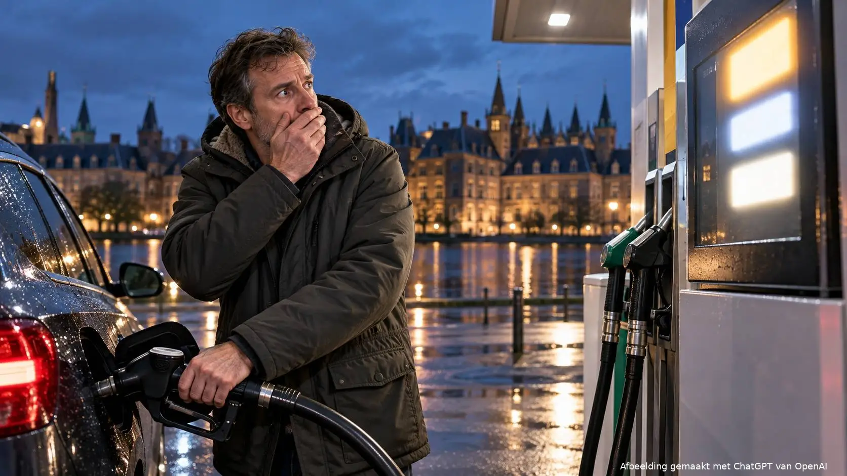 Een automobilist die geschrokken naar het pompdisplay kijkt, met het Binnenhof op de achtergrond.