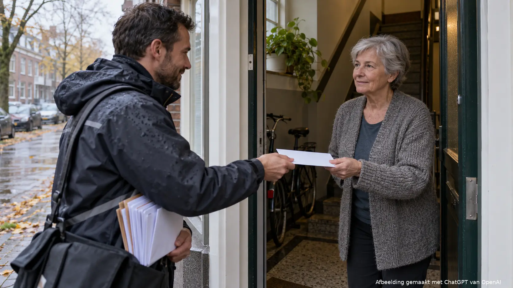 Oudere vrouw neemt bij haar voordeur een brief aan van een postbode.