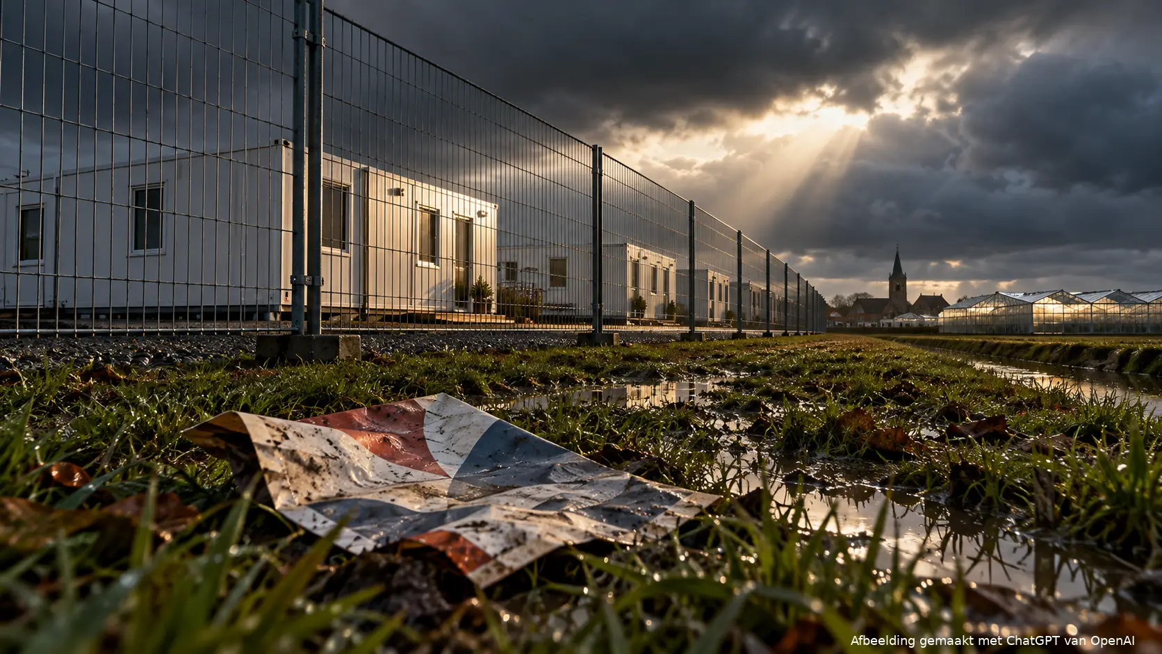 Tijdelijke woonunits achter een bouwhek, met kassen op de achtergrond en een verkreukelde folder in het gras.