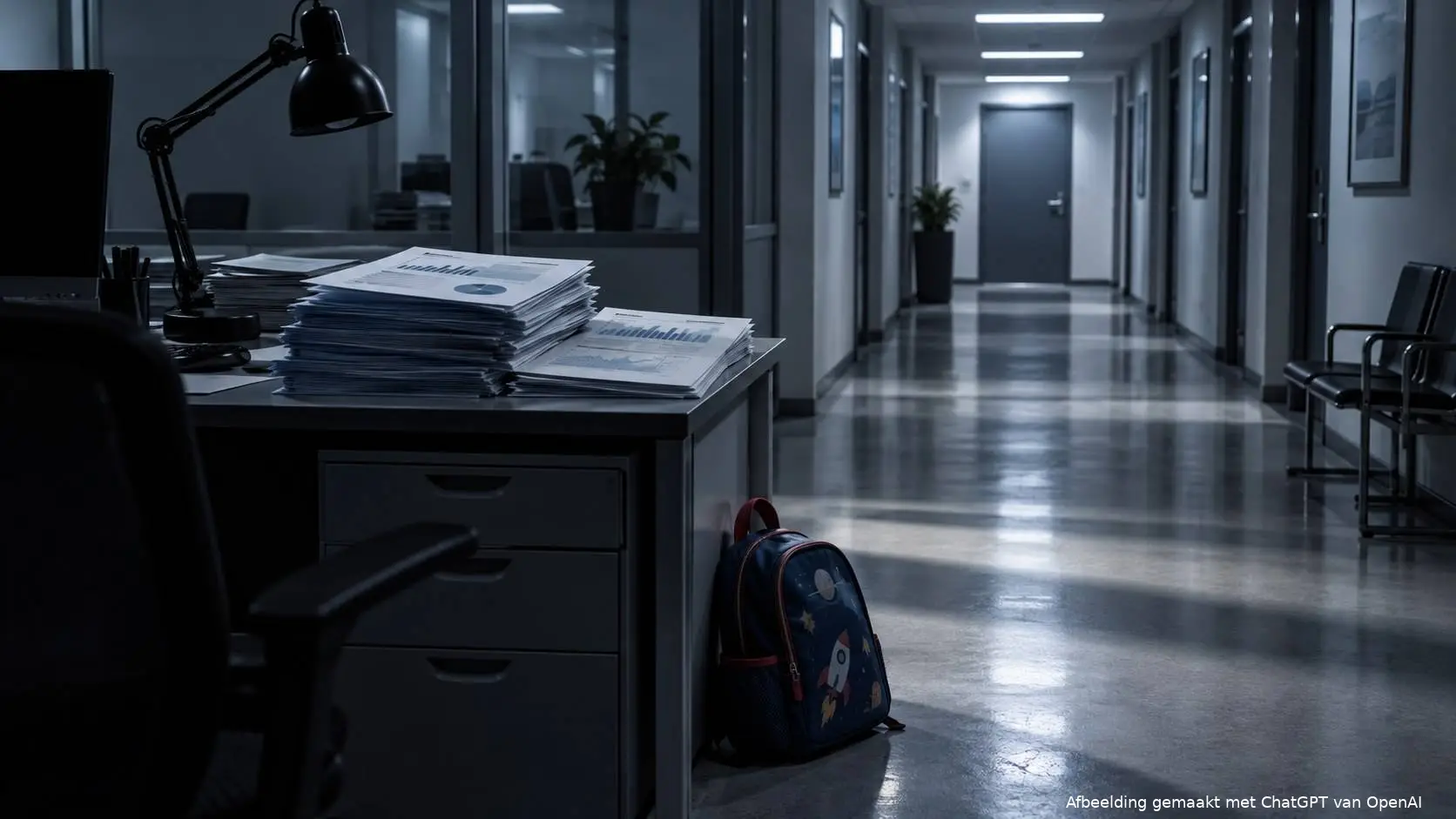 Lege overheidsgang met een stapel rapporten en een kinderrugzak: de inspectie geeft geen verklaring voor meer abortussen bij meisjes onder 15