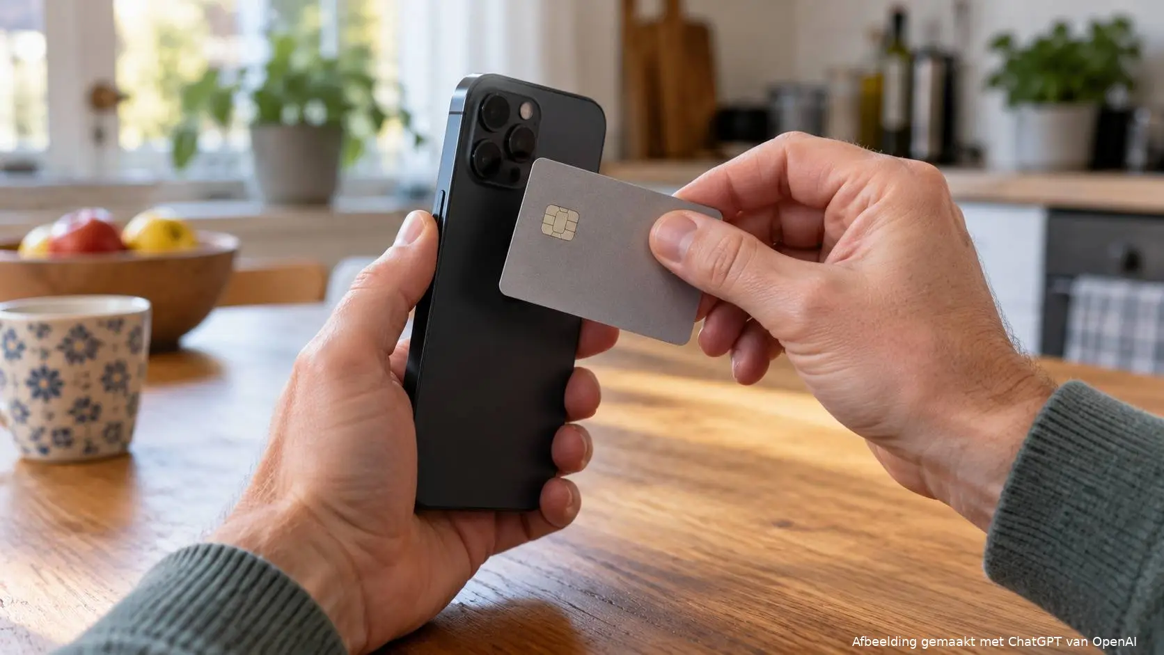 Twee handen houden een smartphone en een neutrale bankpas dicht bij elkaar boven een keukentafel.