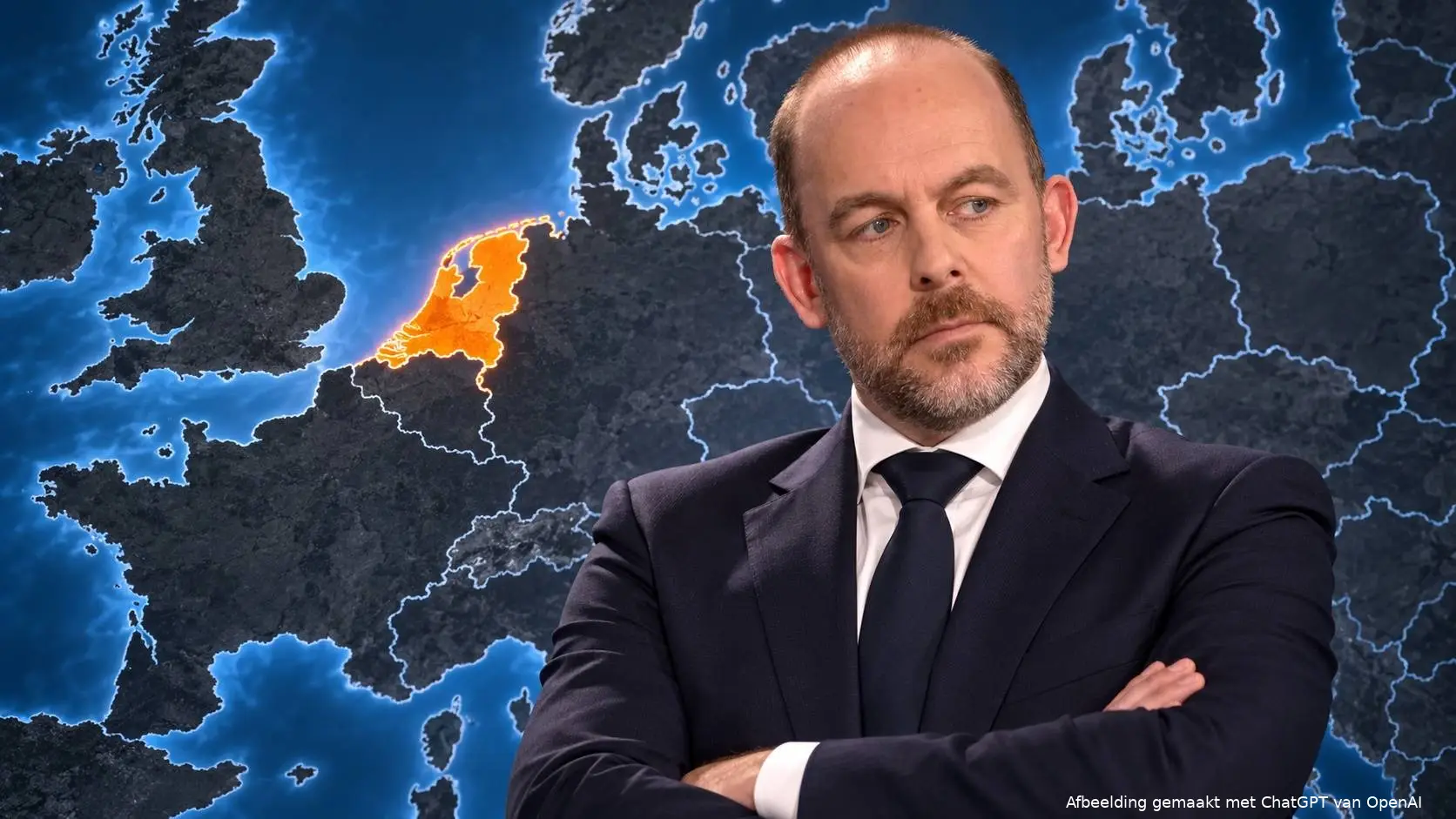 AI-illustratie van Bart van den Brink met gekruiste armen voor een Europakaart waarop Nederland fel oranje oplicht.