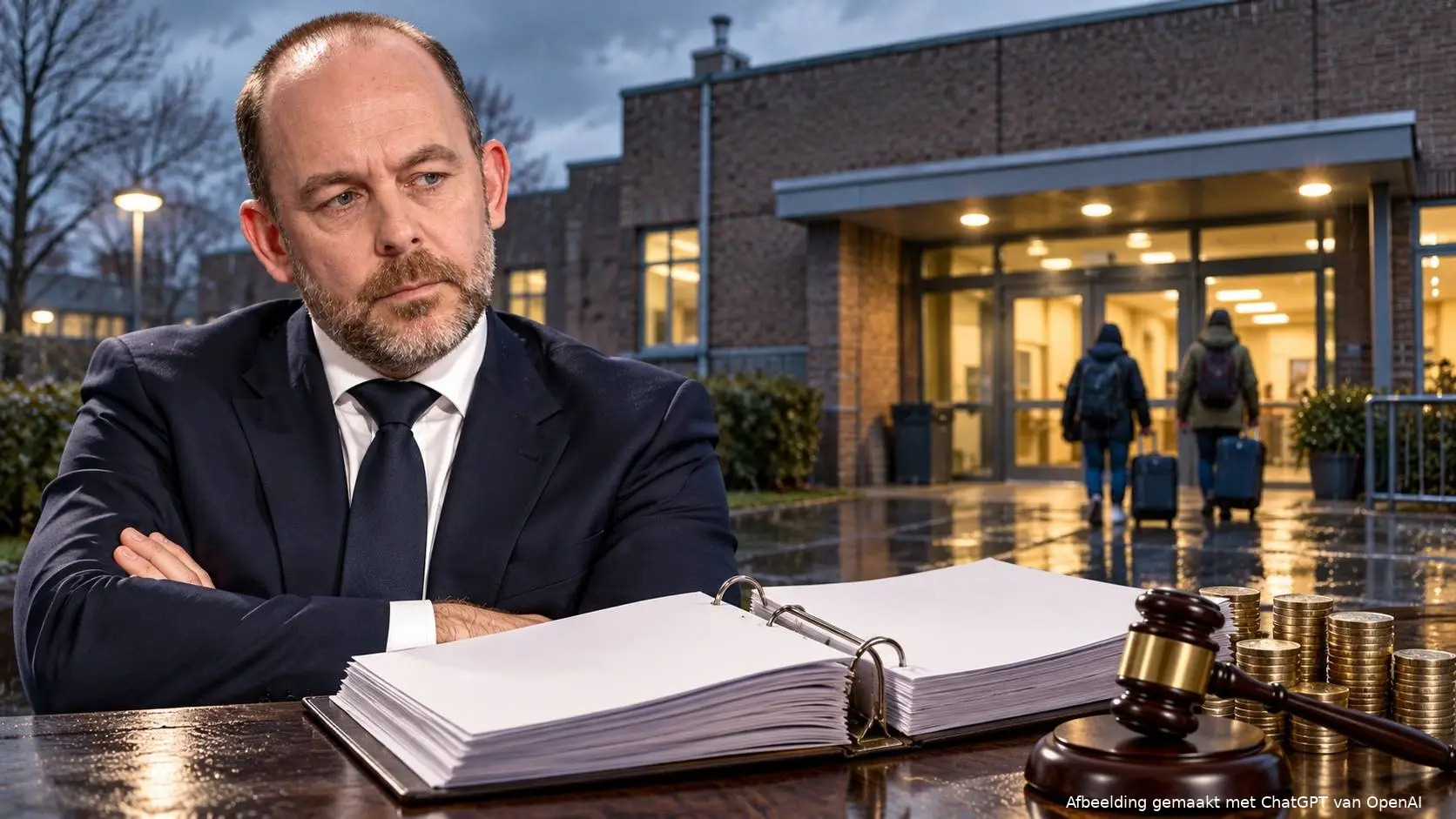 AI-illustratie van Bart van den Brink bij een opvanggebouw, met een rechtbankdossier, rechtershamer en munten op de voorgrond.