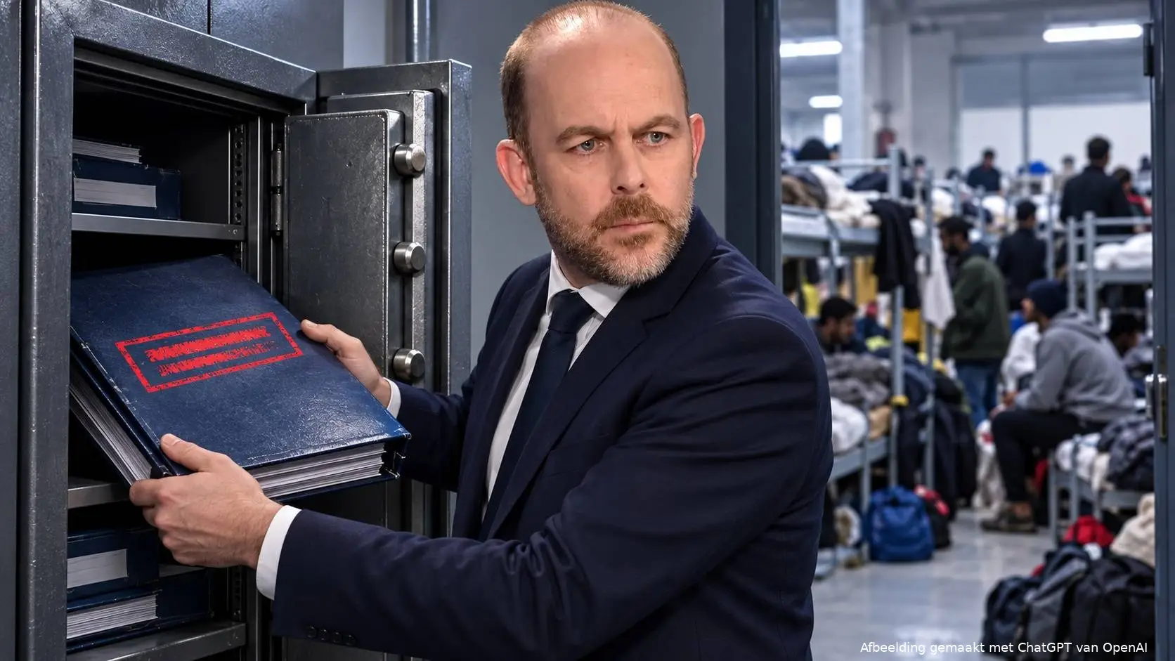 Illustratie van Bart van den Brink die een map met een rode stempel in een kluis legt, met een overvolle asielopvang op de achtergrond.