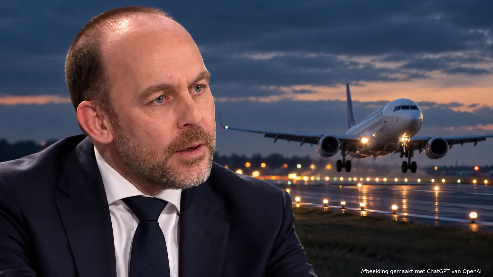 Illustratie van Bart van den Brink met achter hem een landend passagiersvliegtuig bij schemering.