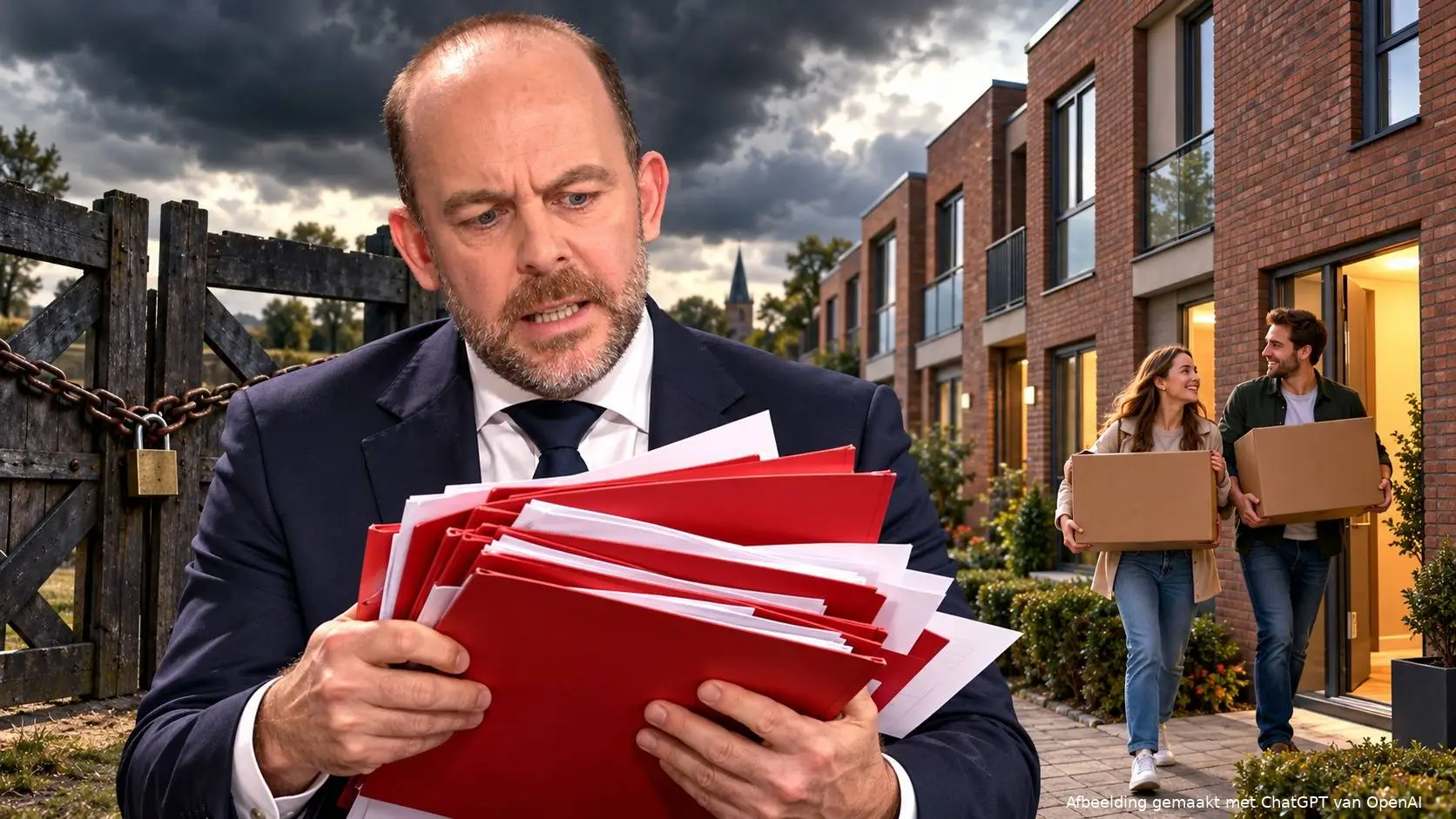 AI-illustratie van Bart van den Brink met rode dossiers, met achter hem een gesloten houten hek en een jong stel met verhuisdozen bij nieuwe starterswoningen.